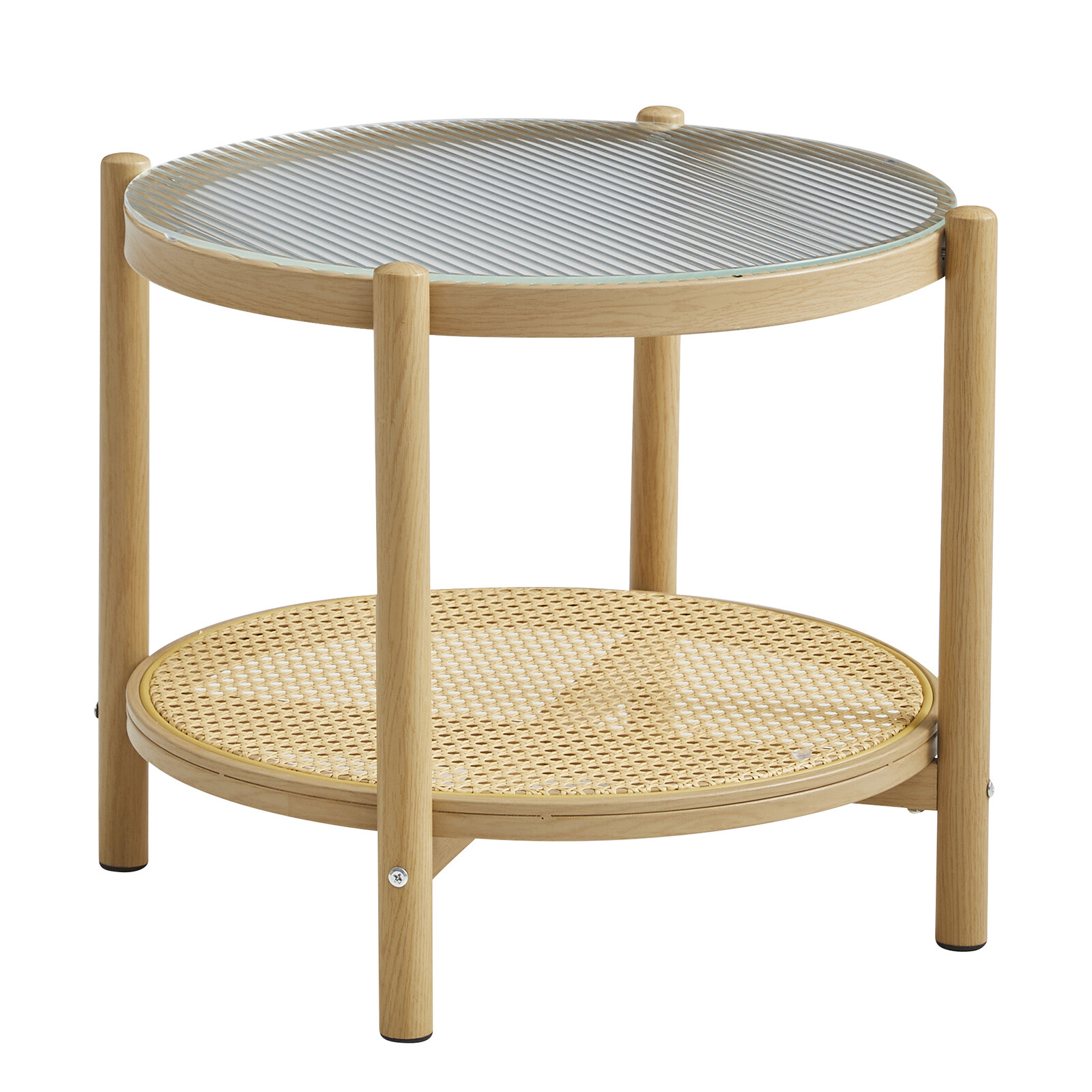 Modern Round Rattan Glass Metal Coffee Table Small 2-Tier End Table Living Room