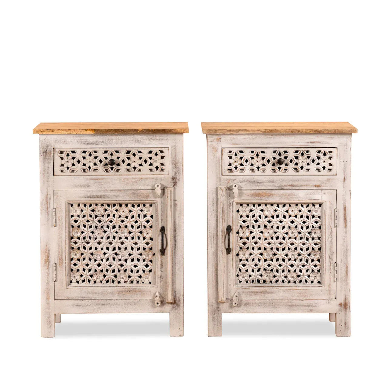 Artisan Handmade Bedside Table Solid Wood Hand Carved 22 × 13.8 × 29.9 inches
