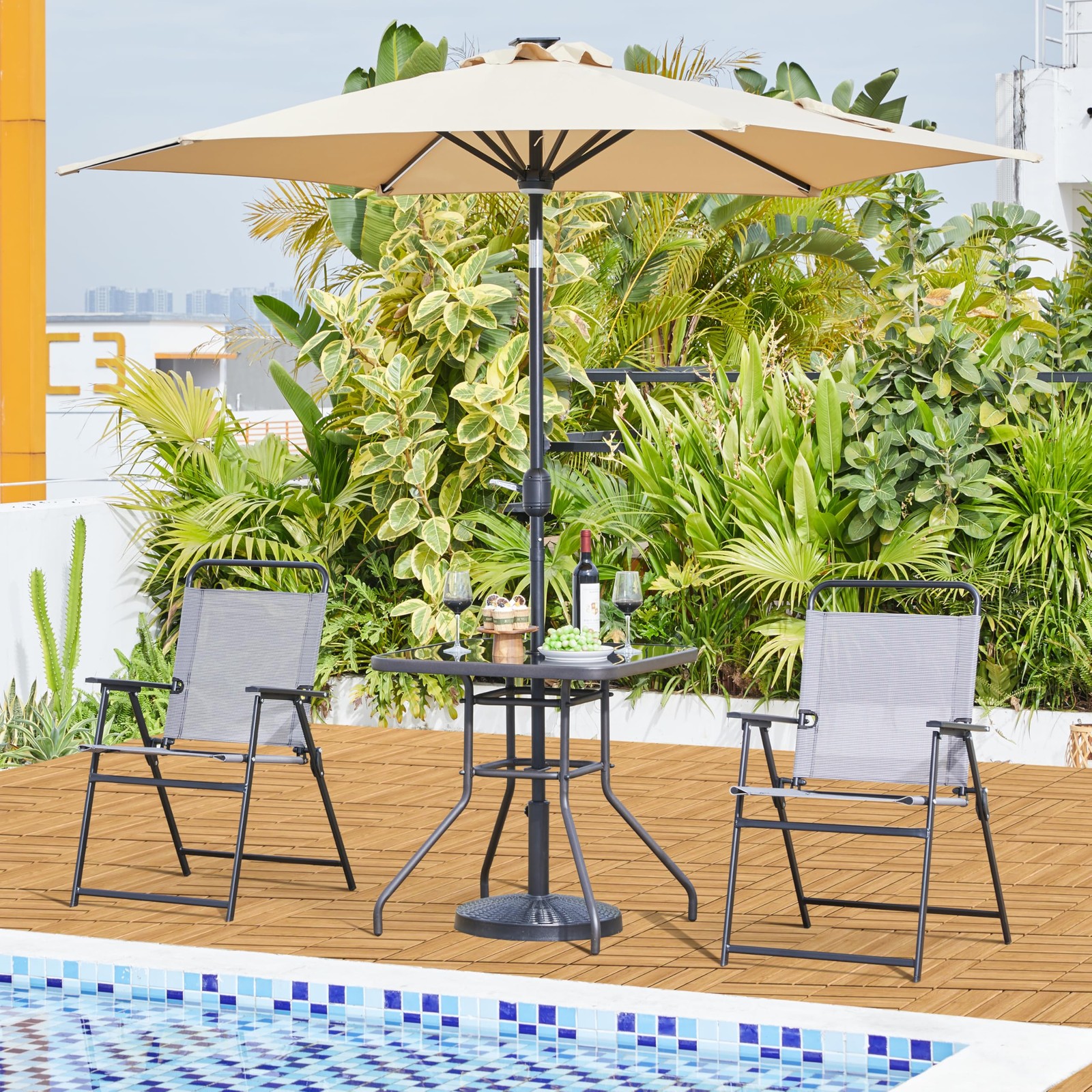 Outdoor Bistro Table with Umbrella Hole, 28in Patio Square Dining Table, Black