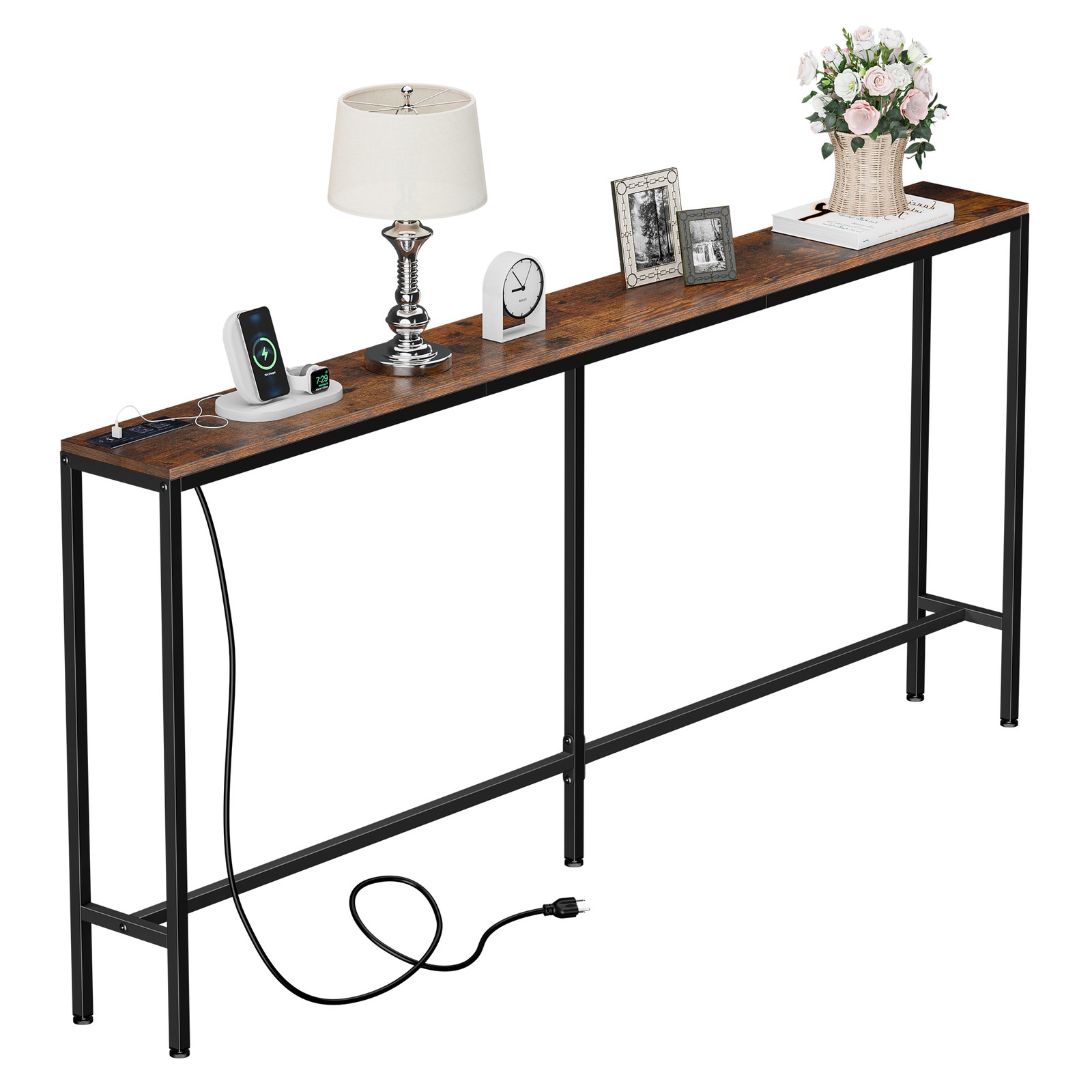 70.8″ Narrow Console Table w/ Power Outlet Behind Couch Sofa Table Rustic Brown