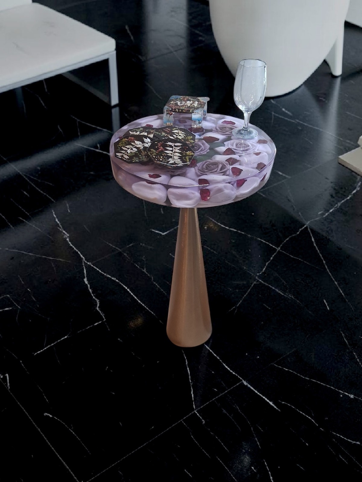 Handcrafted 26″ Resin Side Table – Real Roses, Petals & Pebbles (Will customize)