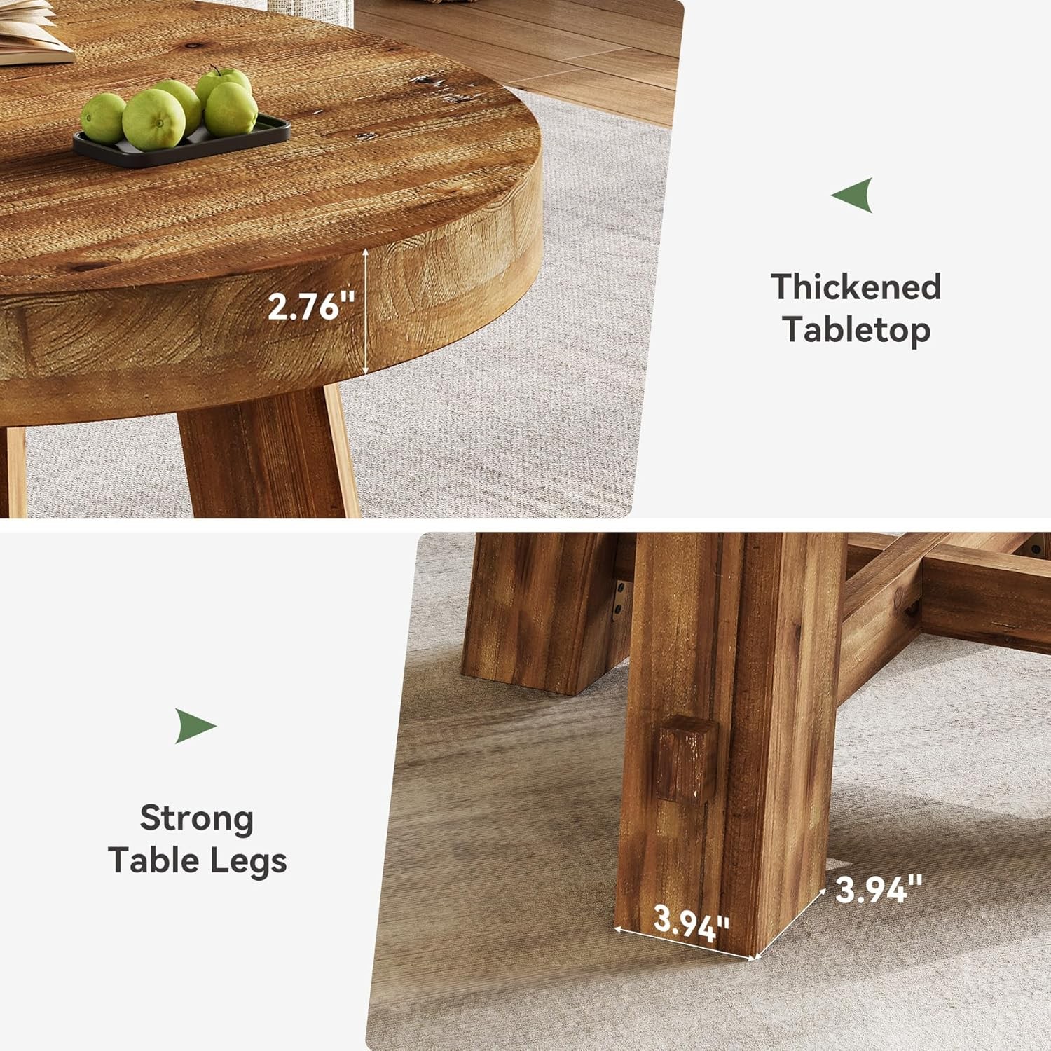 31.5-Inch Round Coffee Table, Rustic Solid Wood Center Table for Living Room