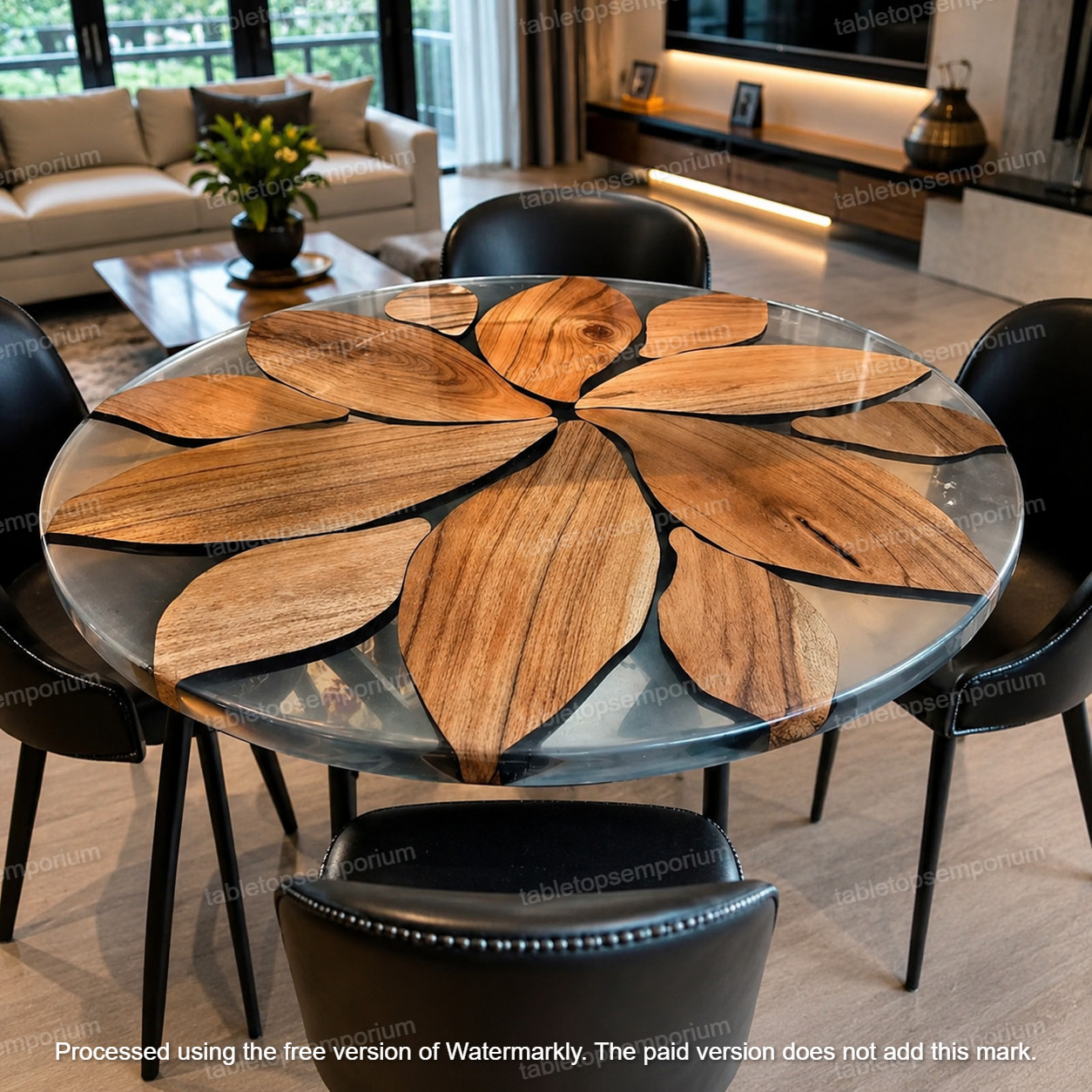 Round Clear Epoxy Resin Dining Table Handmade Wooden Leaf Design Custom Decors