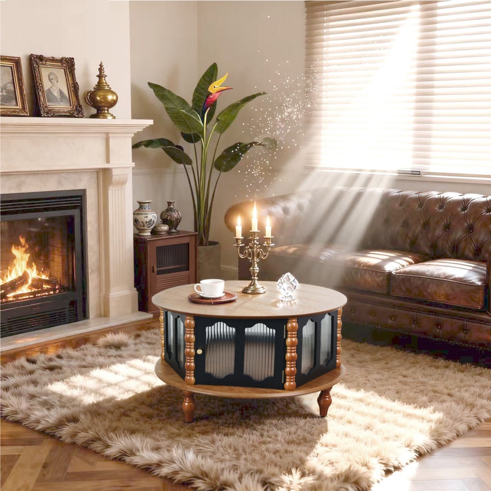 31.5 in Round Three-Door Storage Coffee Table Real Wood Veneer Coffee Table