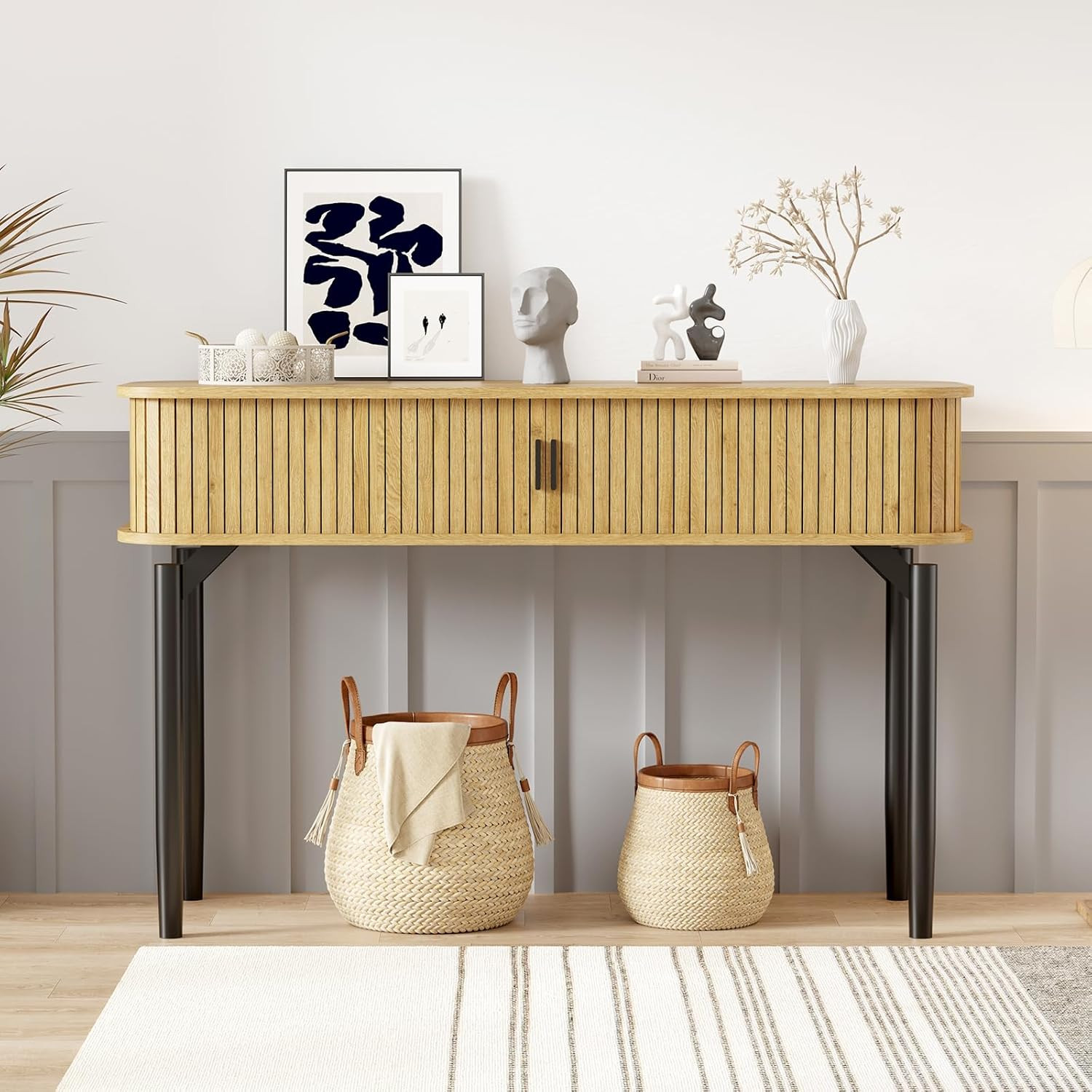 Stylish Oak Fluted Console Table with Sliding Door Storage for Entryway