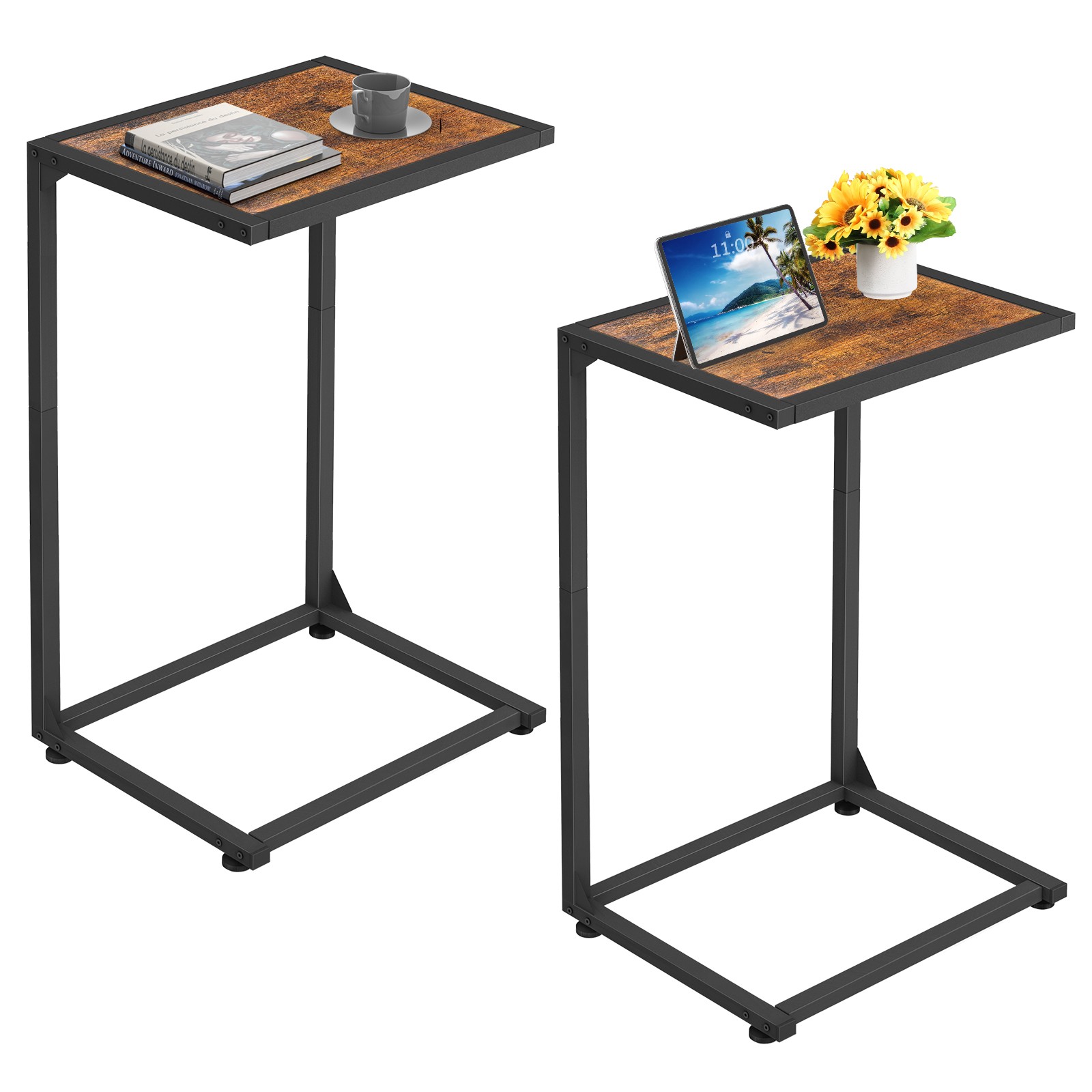 Set of 2 Rustic Brown C-Shaped Tables, End Table for Living Room & Small Spaces