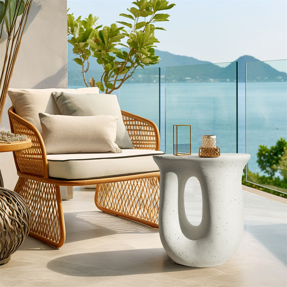 Outdoor Lightweight Concrete Side Table Garden Stool Terrazzo Plant Table White