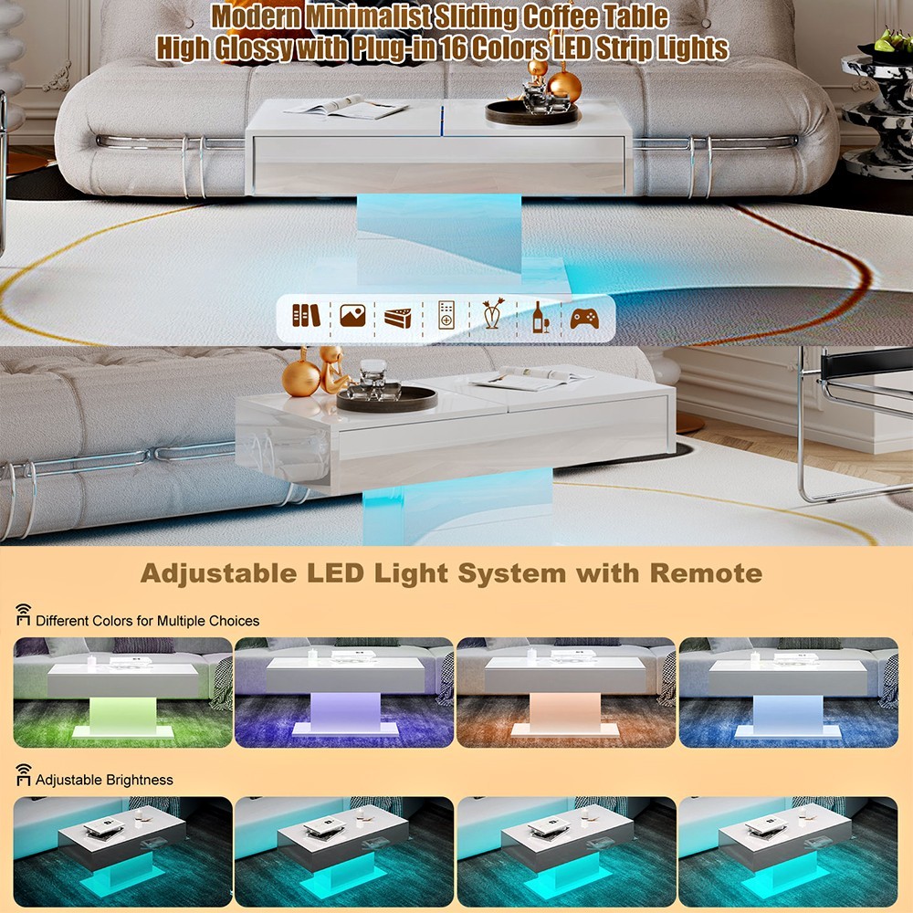 RGB LED MODERN COFFEE TABLE WITH HIDDEN STORAGE 69″ EXTENDABLE SLIDING TOP WHITE
