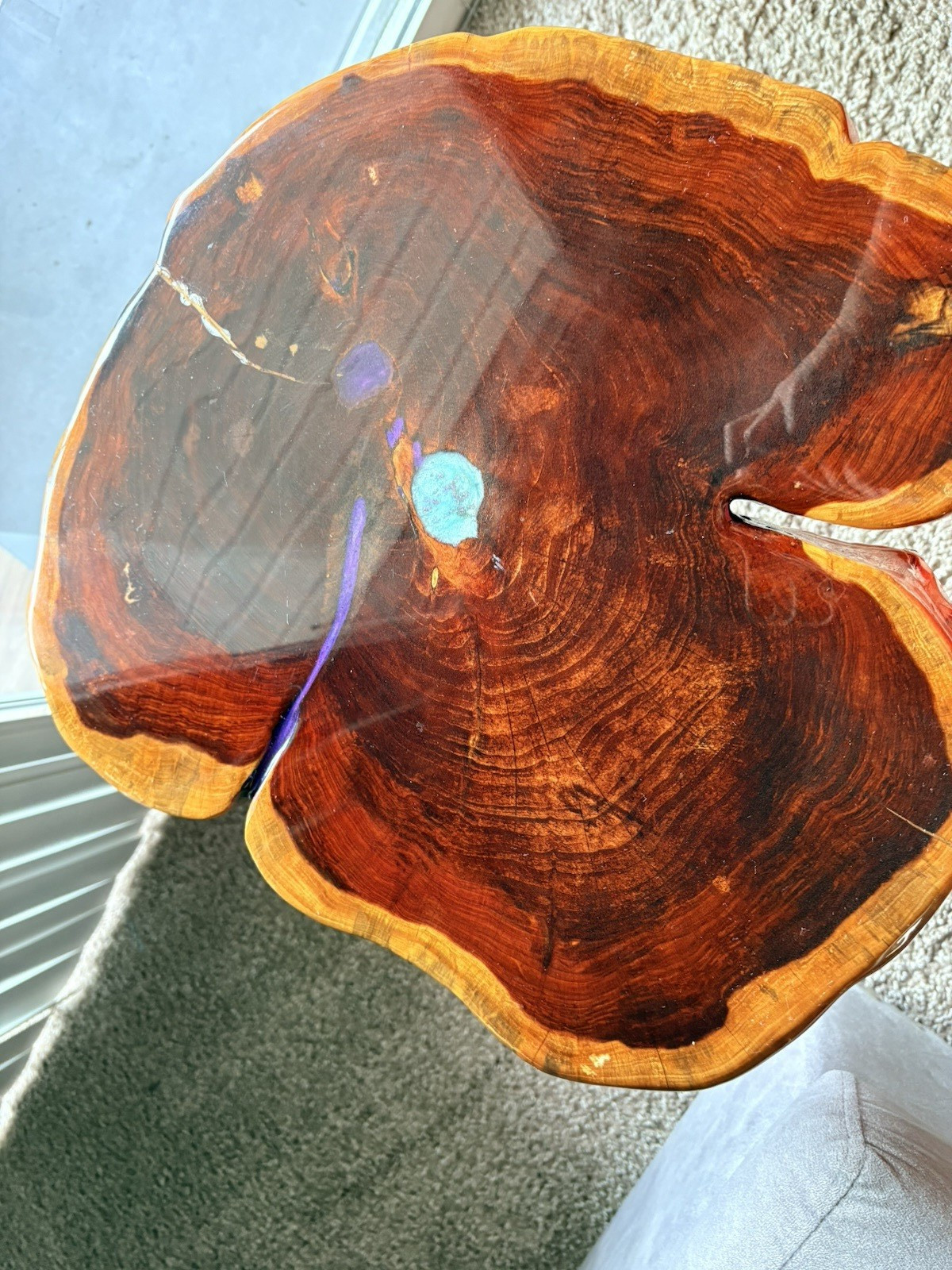 Unique Live Edge Wood End Table – Natural Wood Slab with Gloss Finish