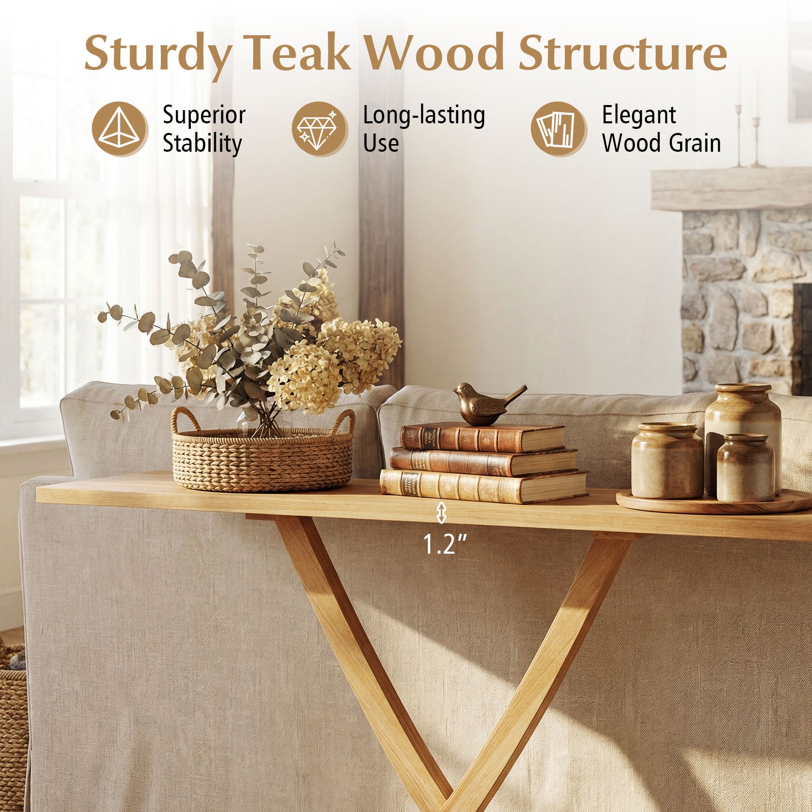 57″ Solid Wood Console Table, Narrow Farmhouse Sofa Table w/ Teak Wood Frame