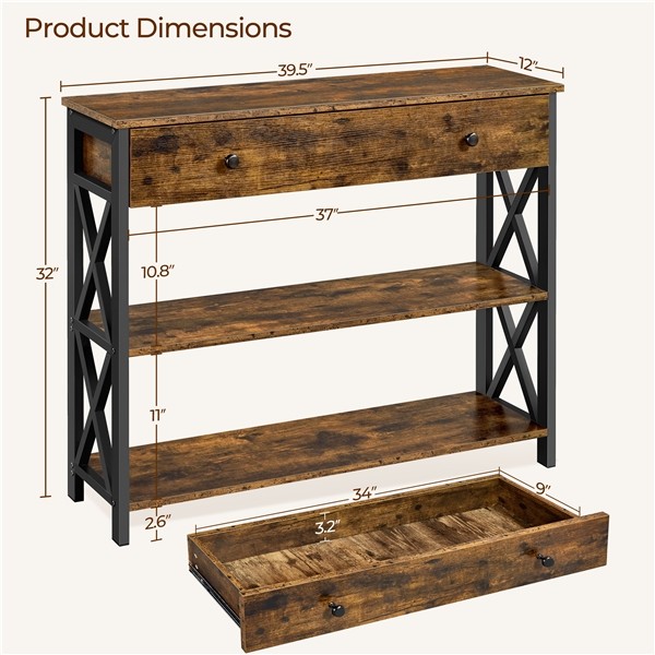 Industrial Console Table Hallway Table with Drawer and Storage for Living Room