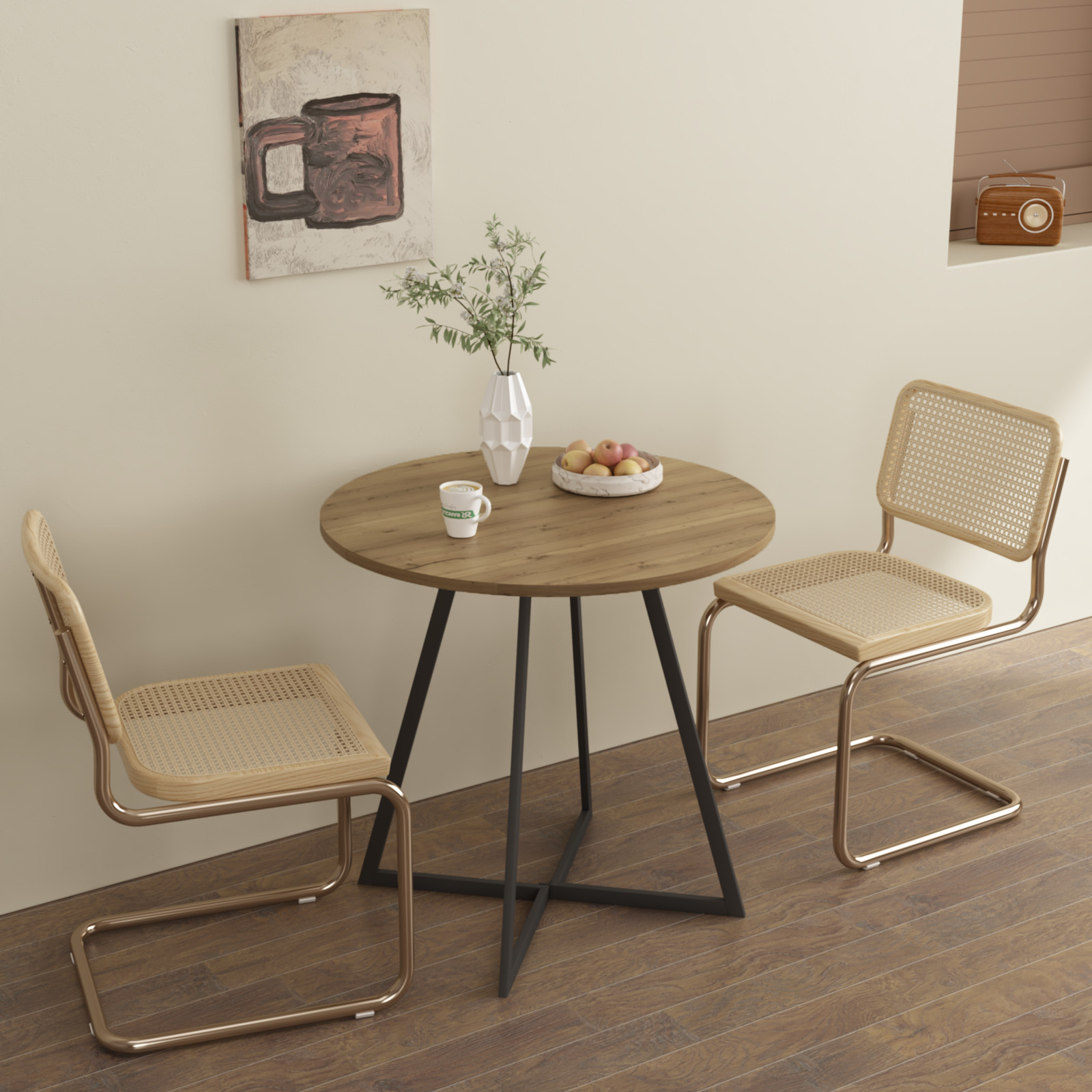 31.5 Inch Round Dining Table Brown MDF Top Black Metal Legs