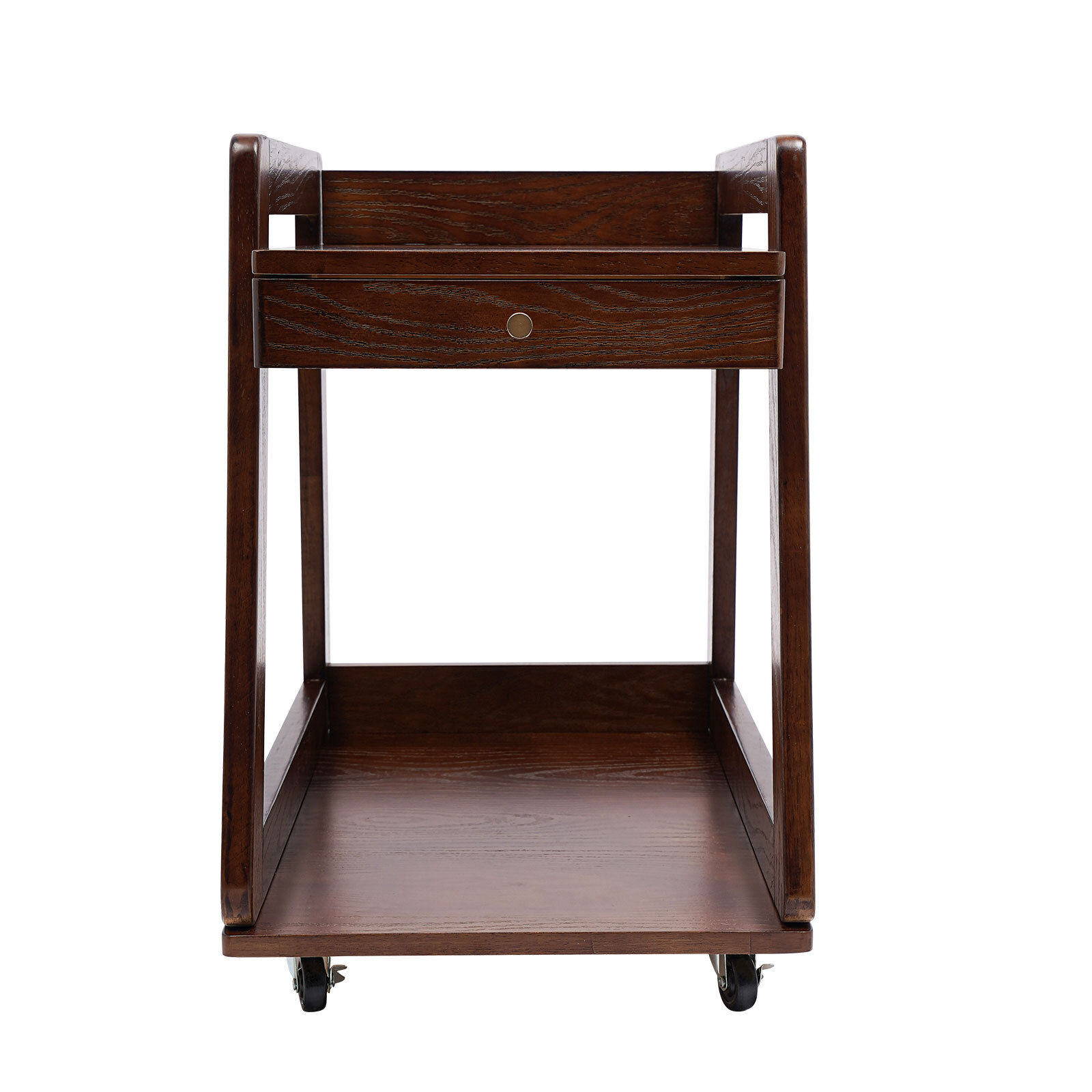 Walnut Retro Wood End Table, 2-tier Side Table, Storage Couch Table with Wheels