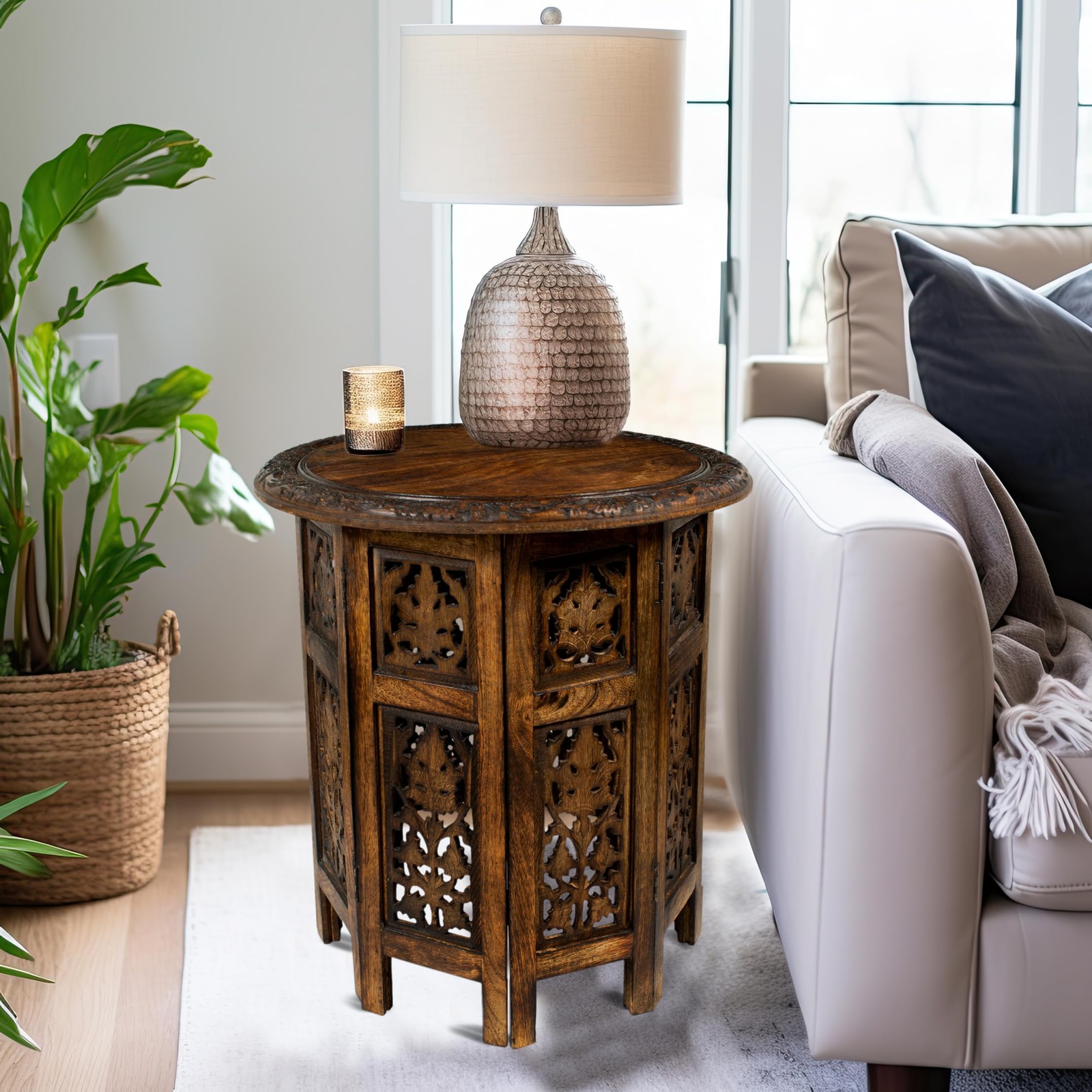Solid Wood Accent End Table – Hand Carved Vintage Boho Folding Side Table – S…