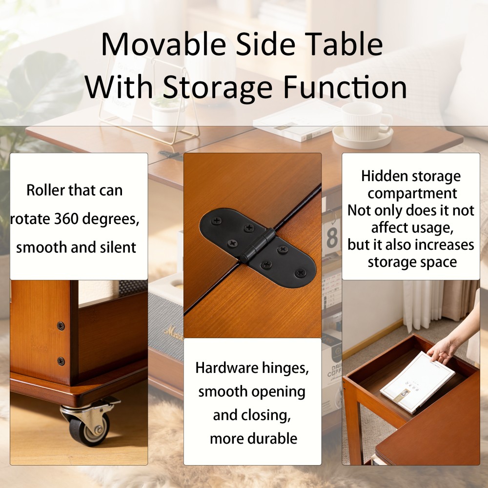 Folding Edge Table With Movable Storage, Bamboo Foldable Tabletop for Beds Sofas