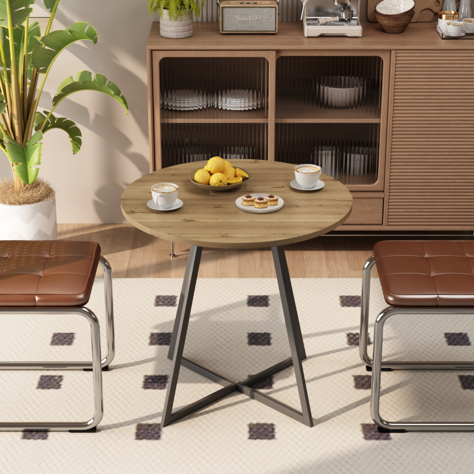 31.5 Inch Round Dining Table Brown MDF Top Black Metal Legs