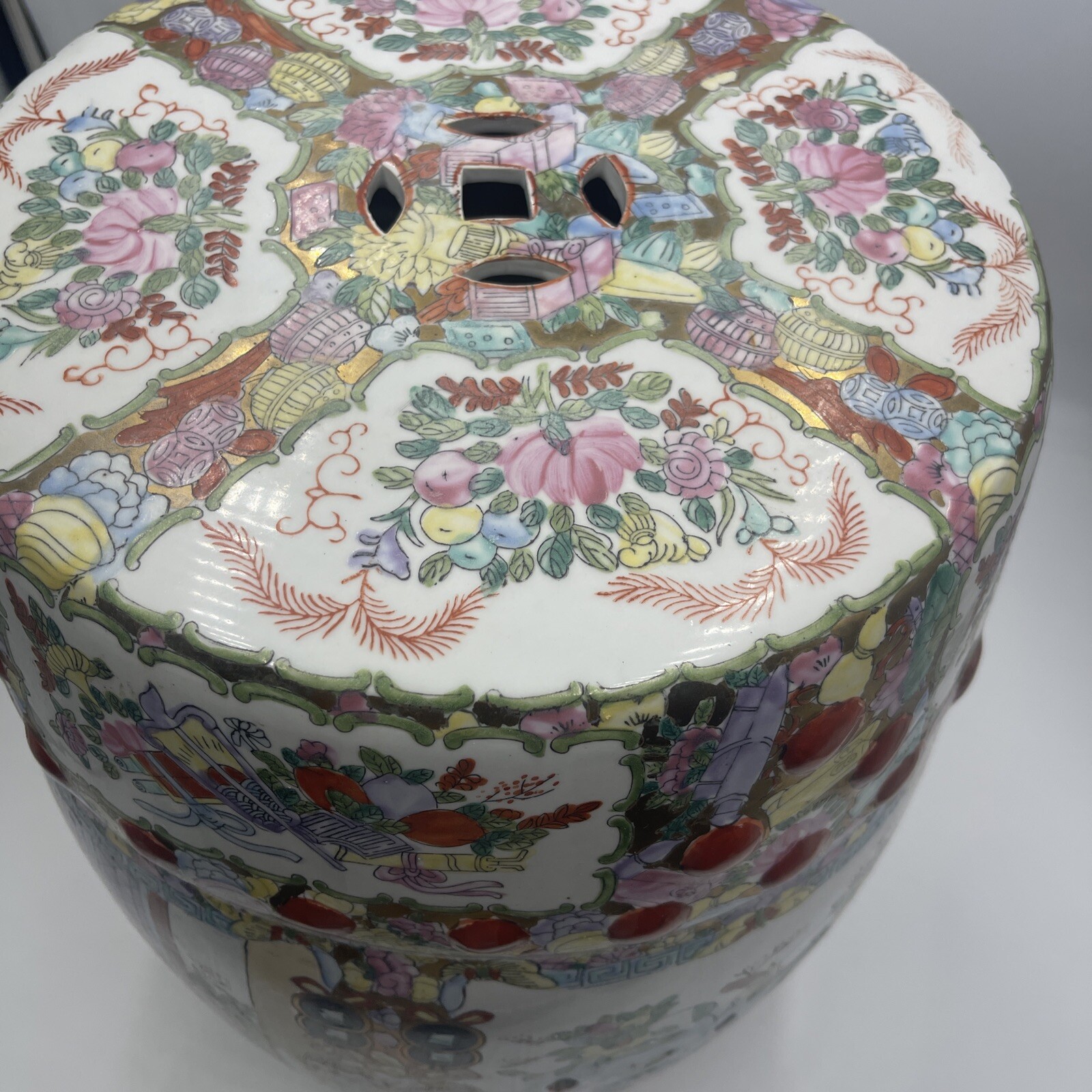 Vintage Oriental Famille Rose Mixed Color Porcelain Round Stool Ottoman cs7260
