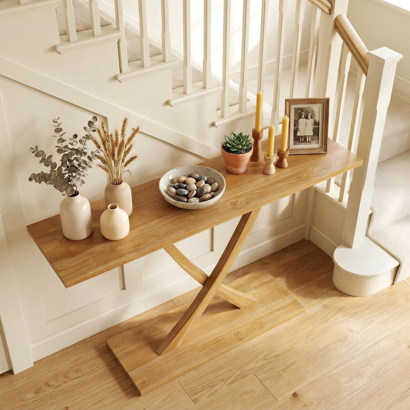 57″ Solid Wood Console Table, Narrow Farmhouse Sofa Table w/ Teak Wood Frame