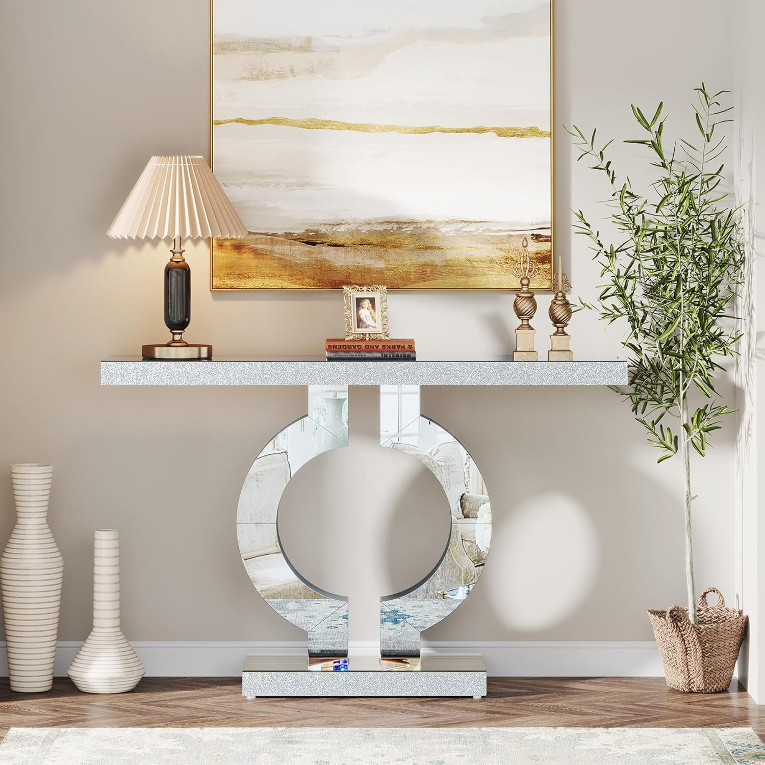 Modern Mirrored Console Table with O-Shaped Base for Living Room Entryway