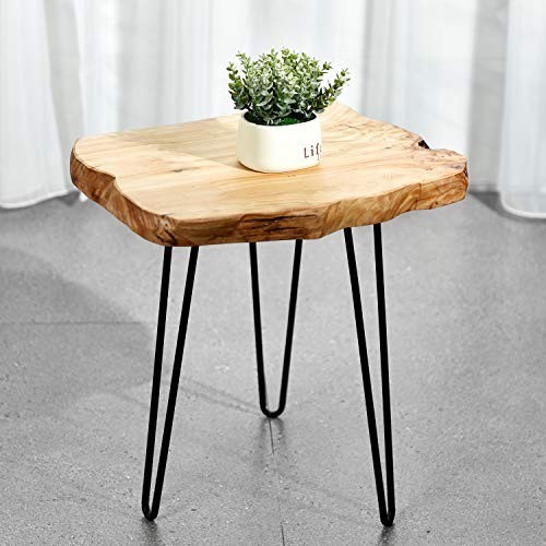 Live Edge Side Table with Hairpin Legs – Natural Wood Nightstand, 15.5″ Tall