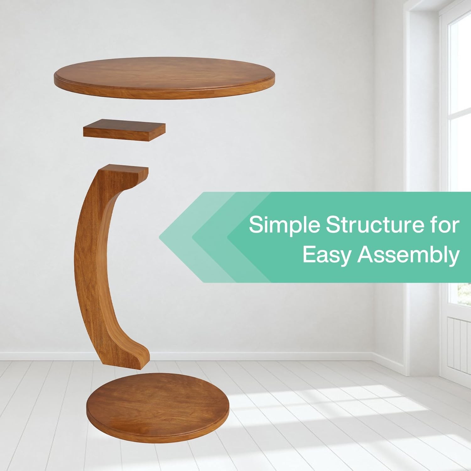 C-Shaped End Table, Wooden Round Side Sofa Table, Mid-Century Modern End Table