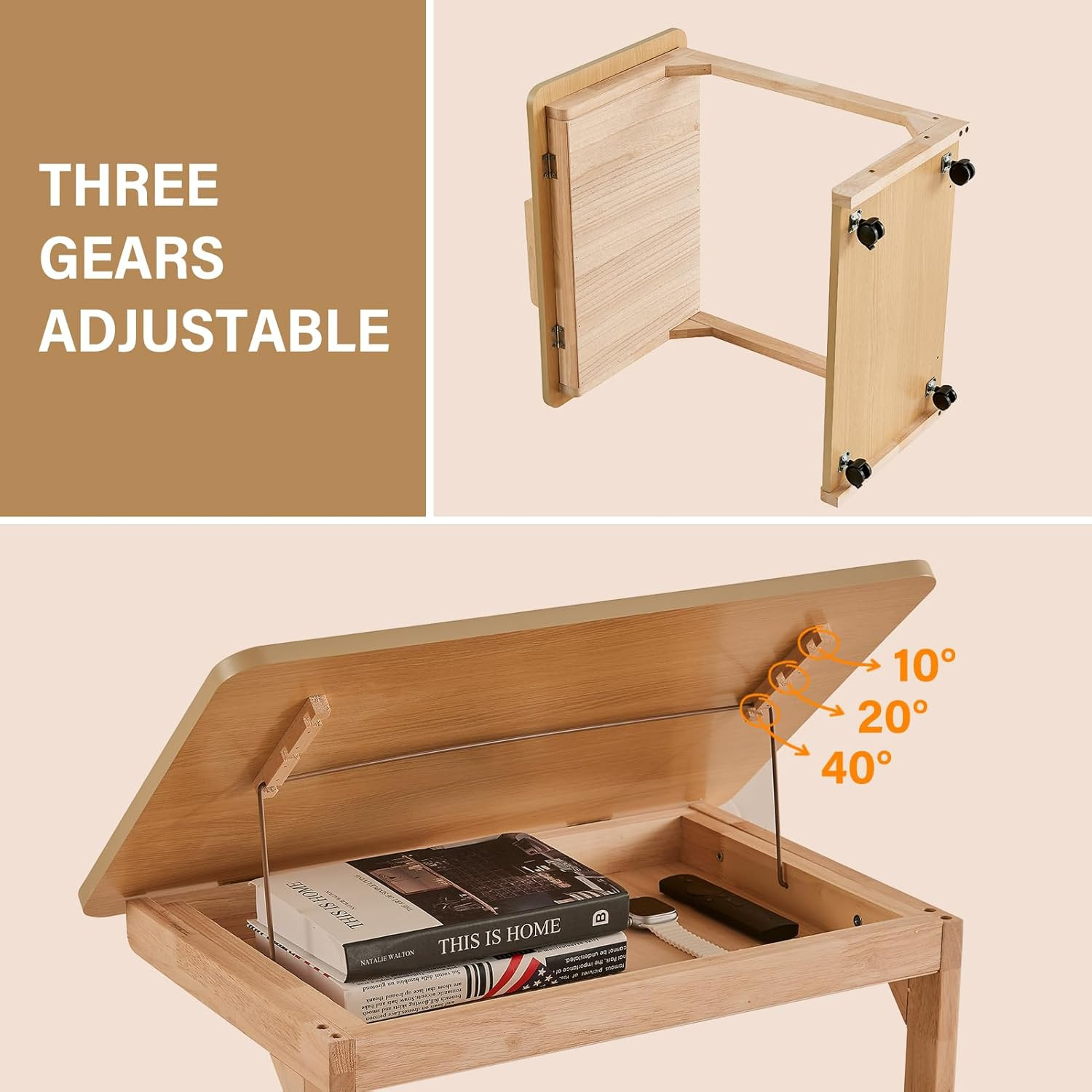 Rolling C Shaped End Table with Wheels – Multi-Purpose Solid Wood Tray Table