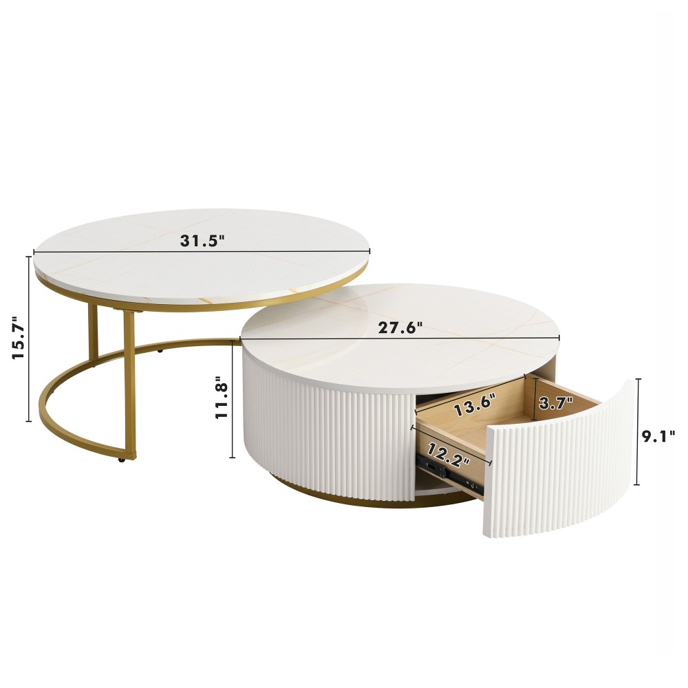 Round Nesting Coffee Table with Grooved Drawers