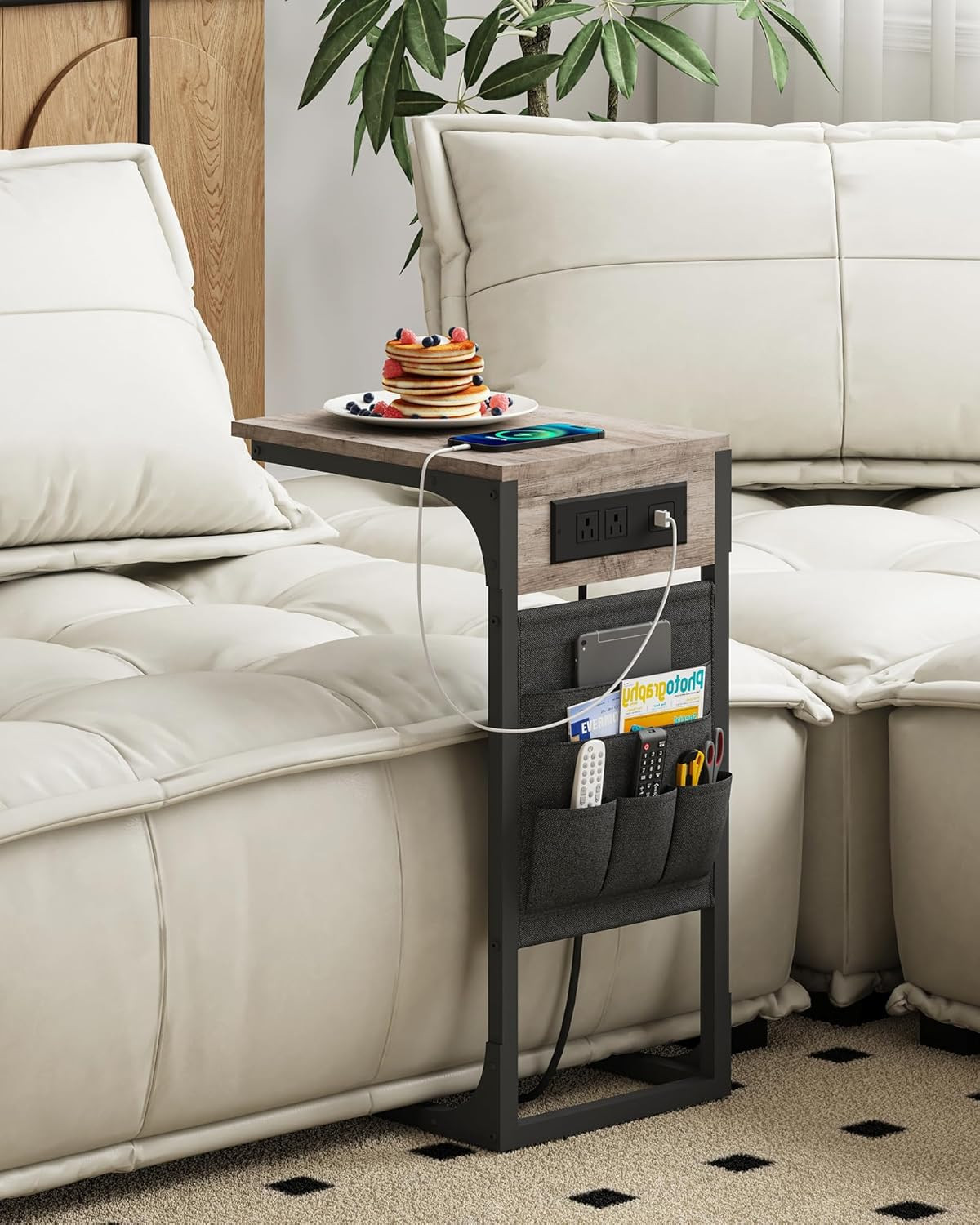 C Shaped End Table with Charging Station, Side Table for Sofa, Couch Table with
