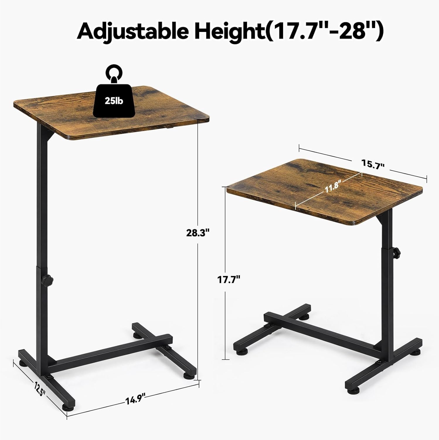 C Shaped Side Table Adjustable Height, Small End Table for Couch Bedroom, Brown