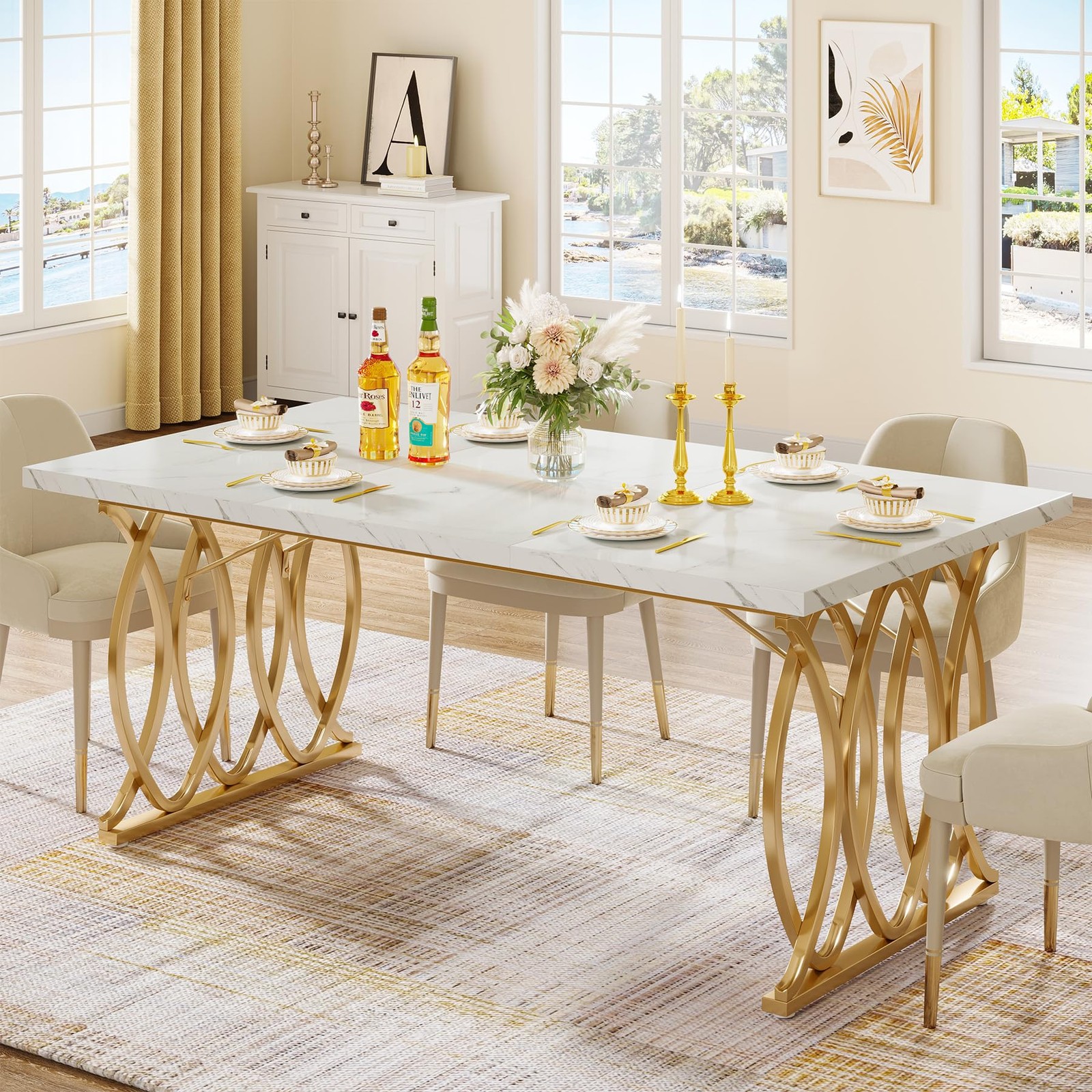 Modern Dining Table, 63″ Large Kitchen Table for 4-6 People, Unique Rectangul…