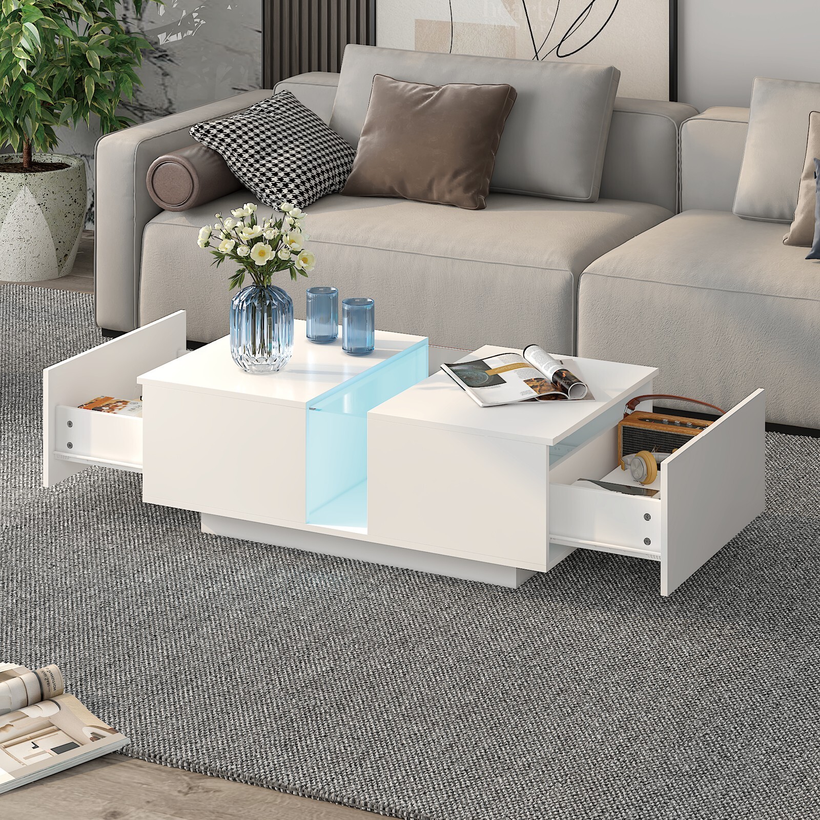 Led Coffee Table for Living Room Acrylic Coffee Tables with 2 Sliding Drawers