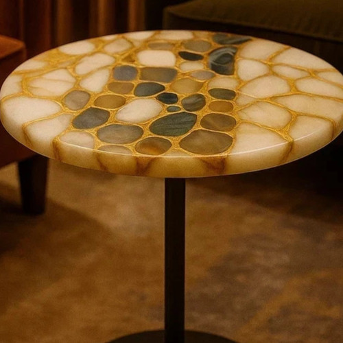15″ Round Quartz & Multicolor Agate Table – Stone Inlay Coffee Table –Luxe Decor