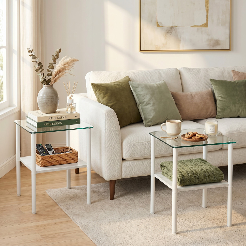 Modern 2-Piece Glass Side Table, Tempered Top with Storage Shelf, Metal Legs