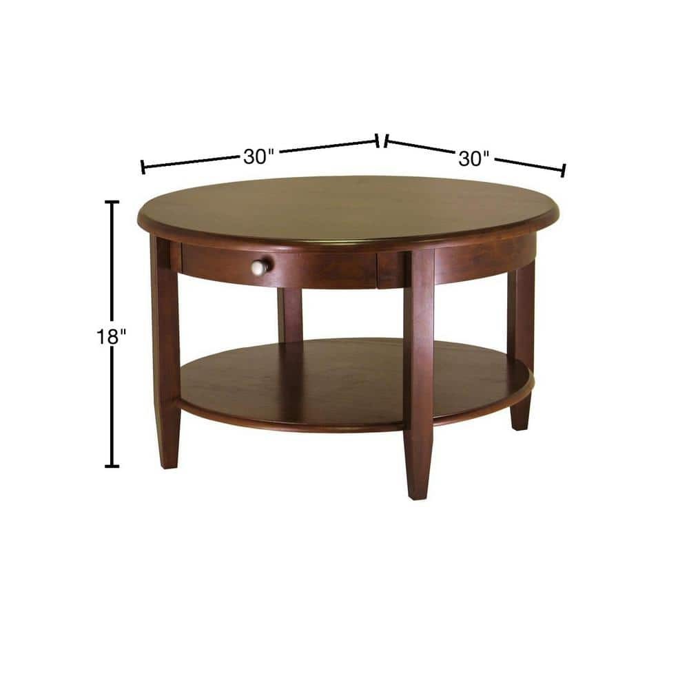 Coffee Table 30 in. Round Classic Walnut Brown Medium Wood Drawers Tapered Legs