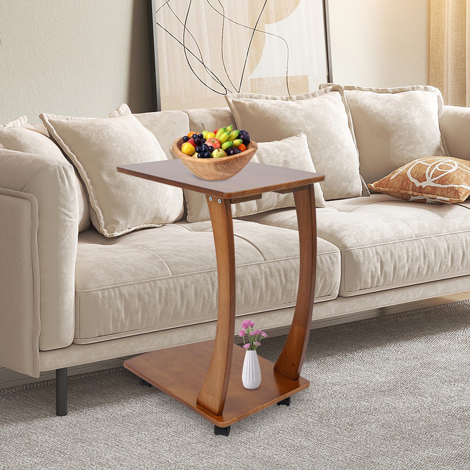 Solid Wood End Table With Rolling Wheels, C Shaped Side Table, Tv Tray Table