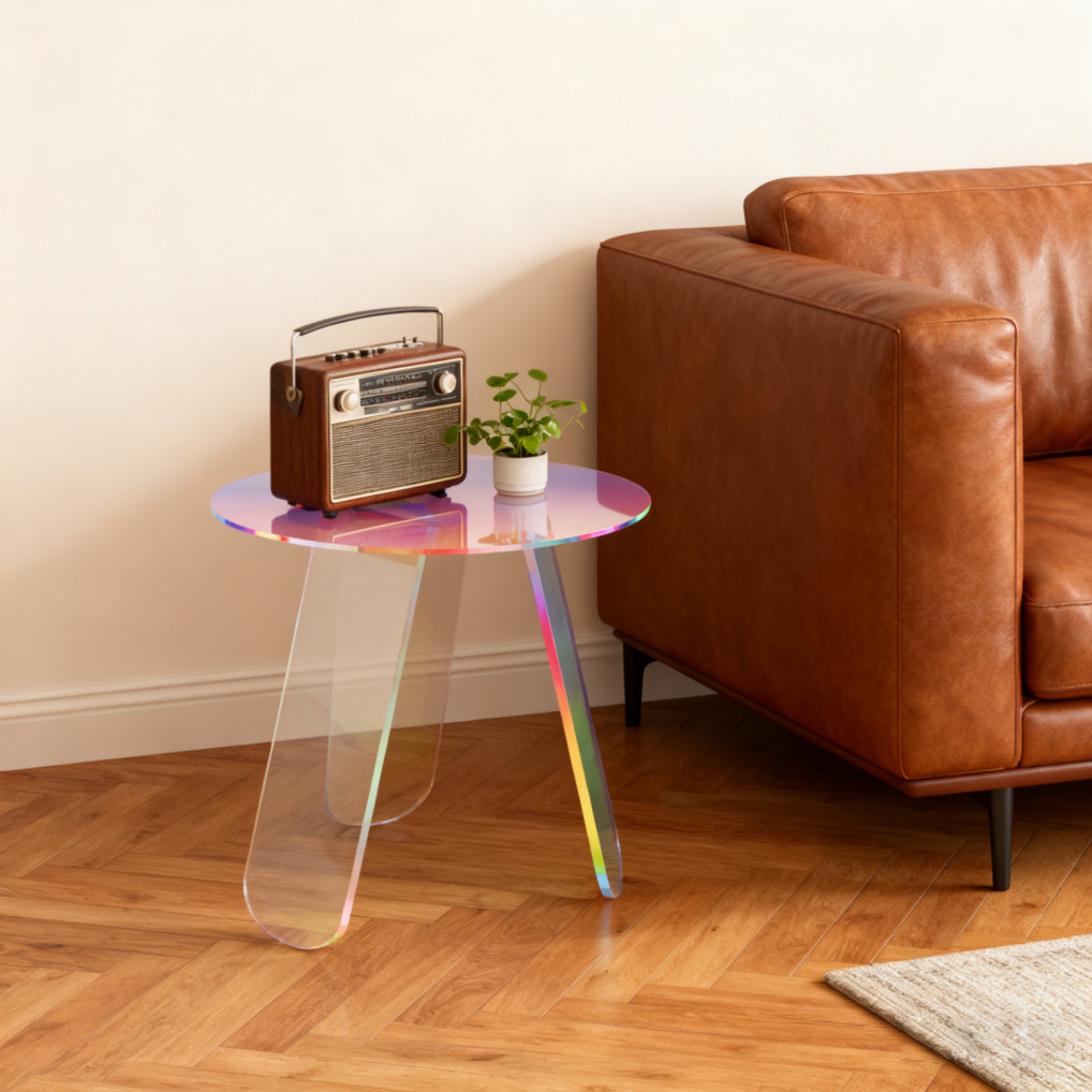 Acrylic End Table with PVC Table Cover Round Iridescent Rainbow Sofa Side Table