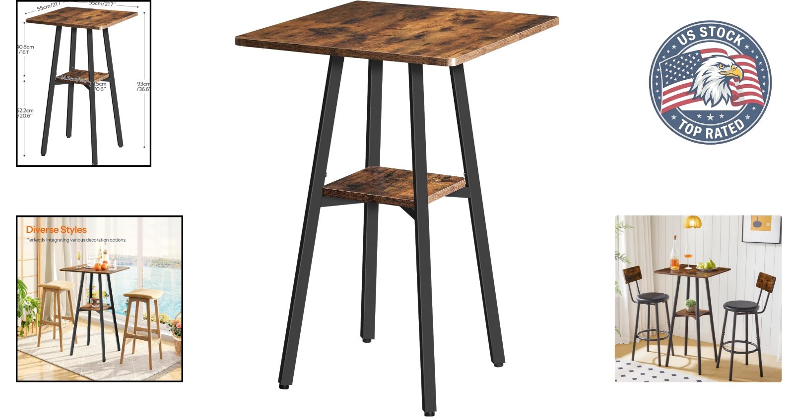Rustic High Top Bar Table – 36.6” Counter Height with 2-Tier Storage Design