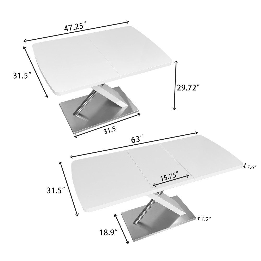 47.25”-63”Modern White Glossy Dining Tablefor4-6People Extendable Dining Table
