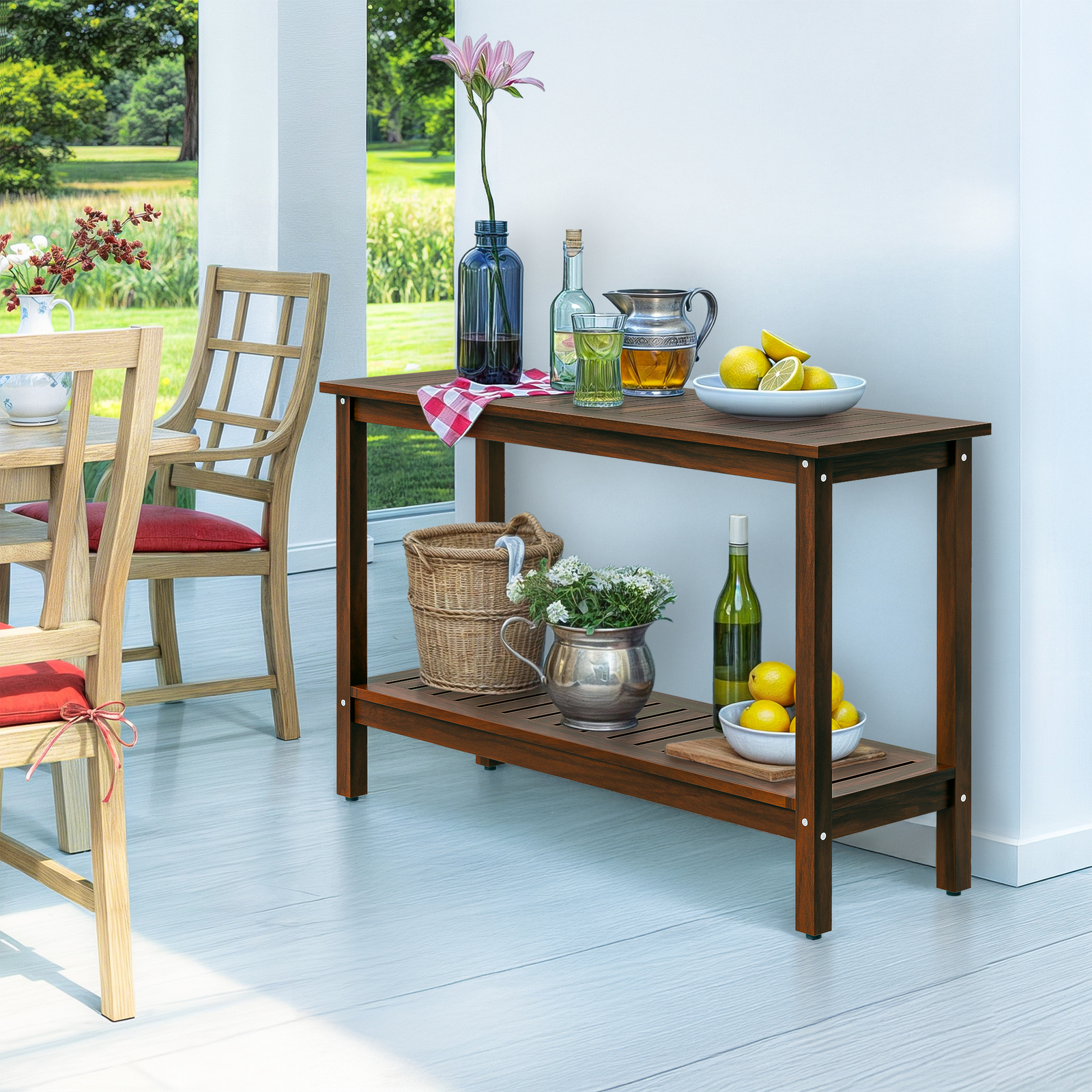 Outdoor Wooden Console Table with 2 Tier Shelf Patio Side Accent Table Coffee
