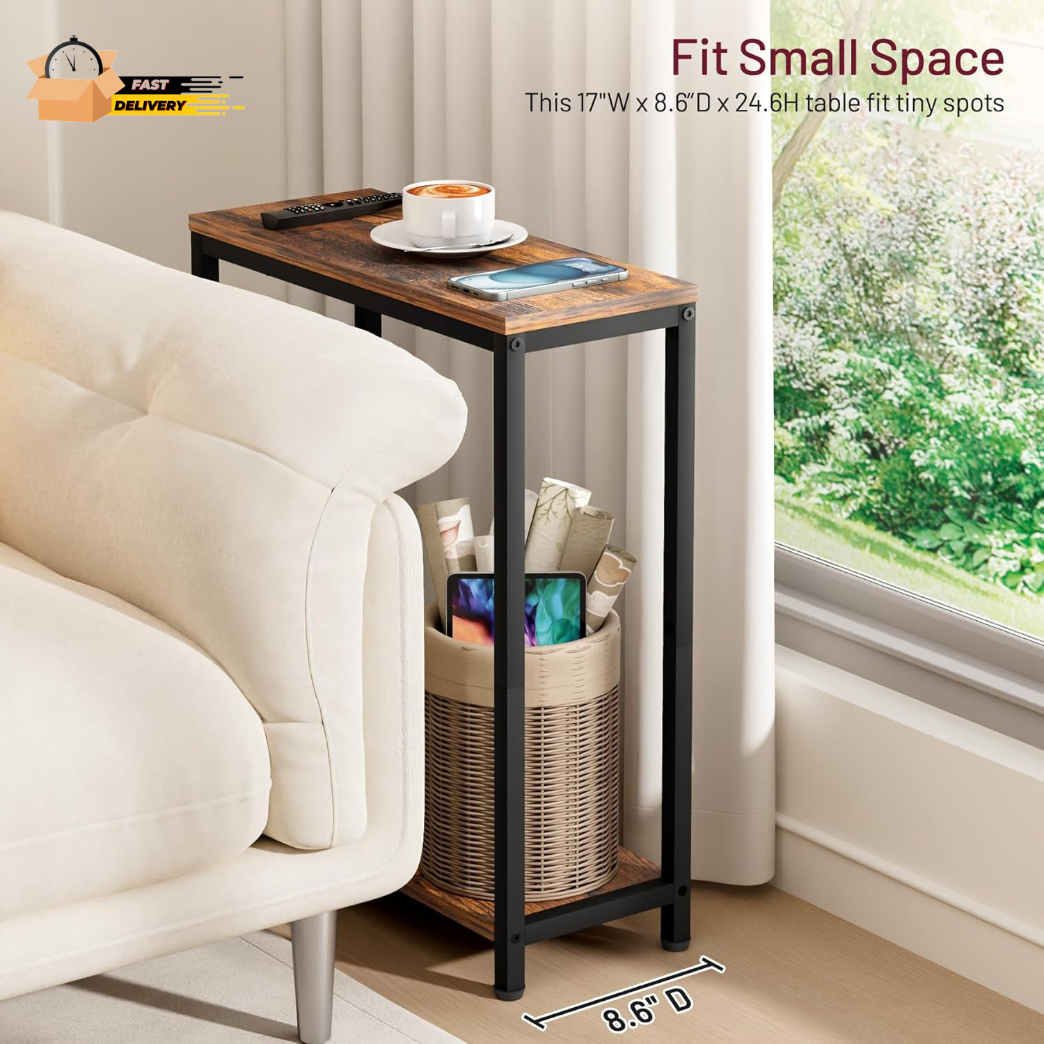Narrow Small Side Table for Small Space, 2 Tier Sofa Skinny End T