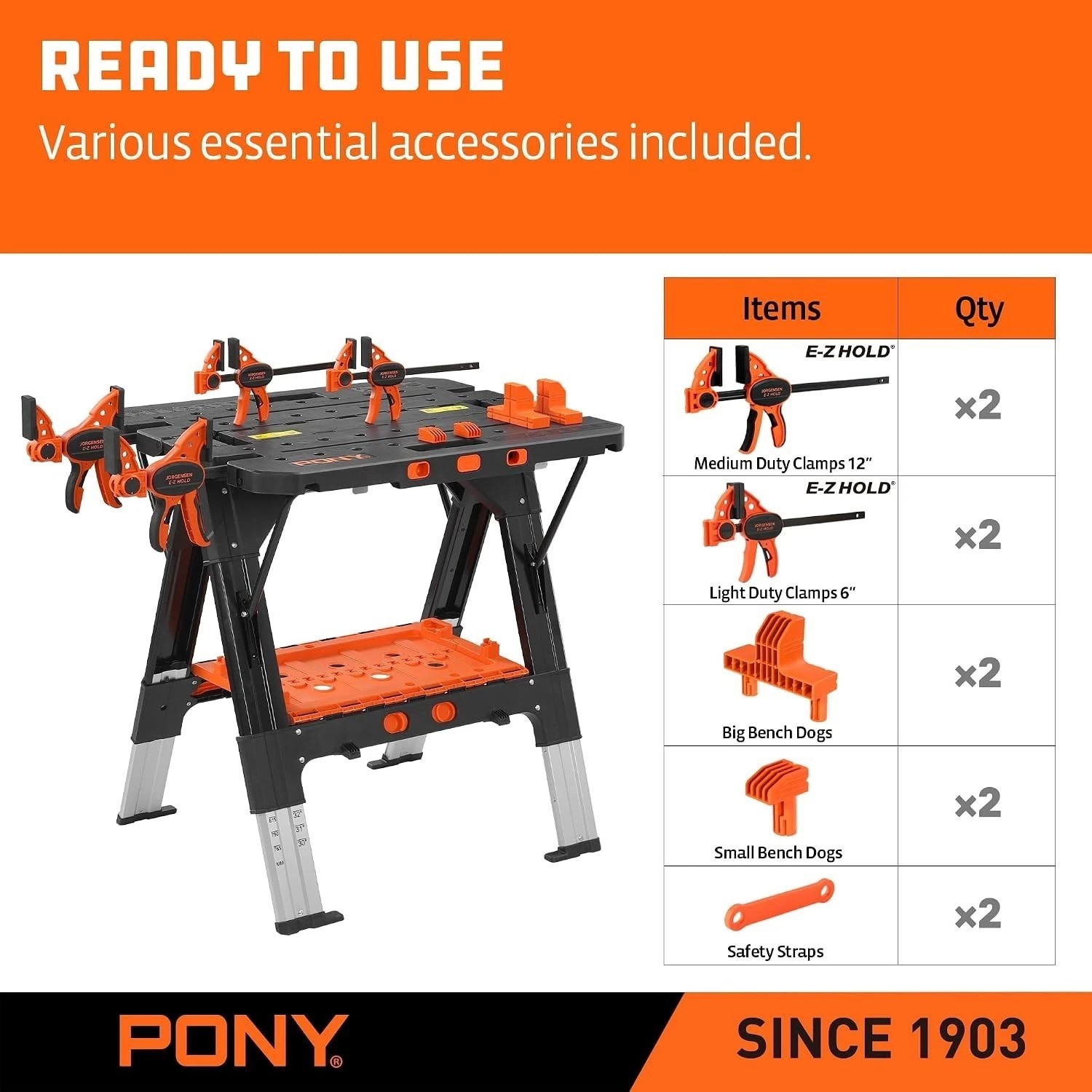 31” Folding Workbench with Clamps – 2-in-1 Adjustable Sawhorse for All Projects