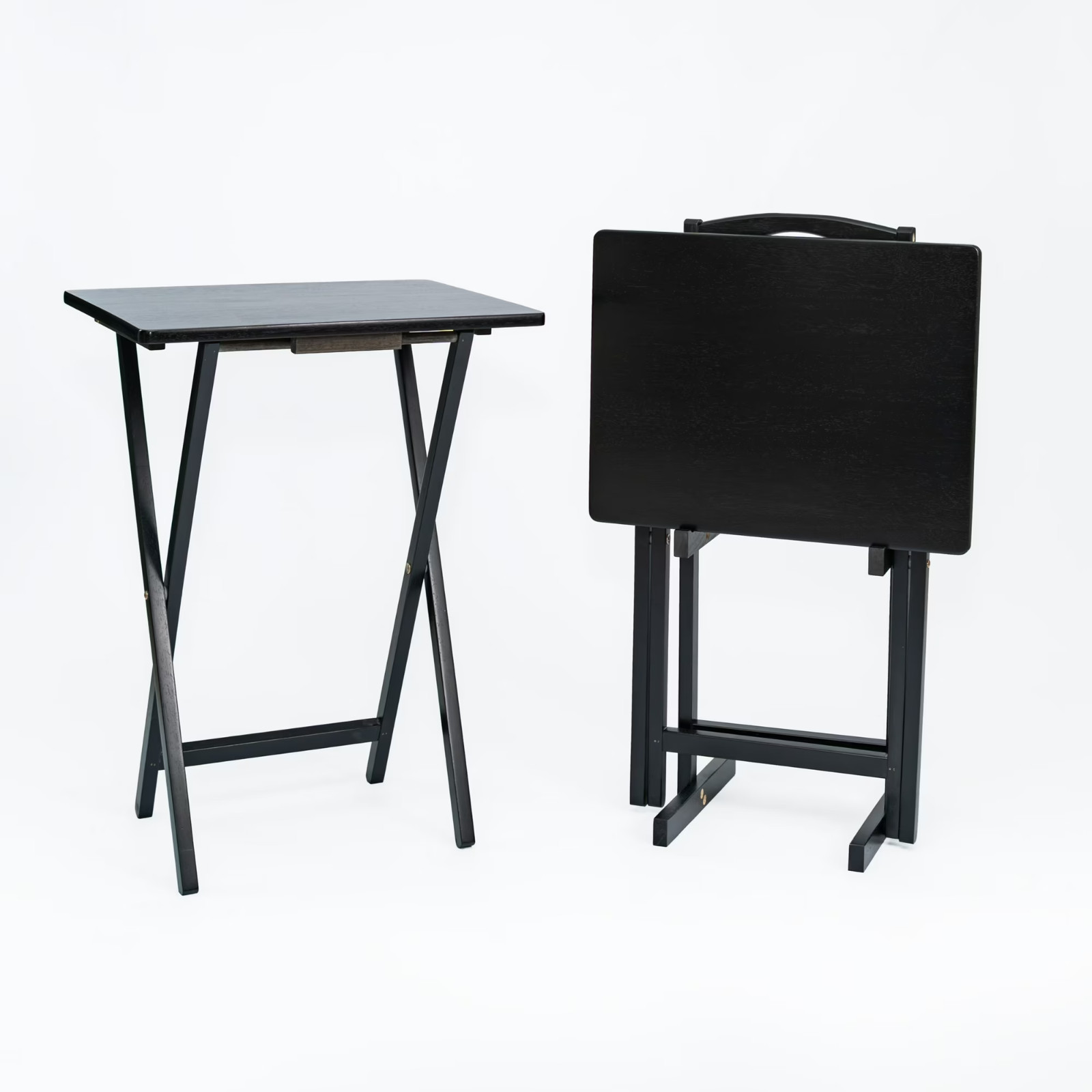 Mainstays 3-Pcs Rubberwood Folding TV Tray Table Set of 2 w/ Storage Rack, Black