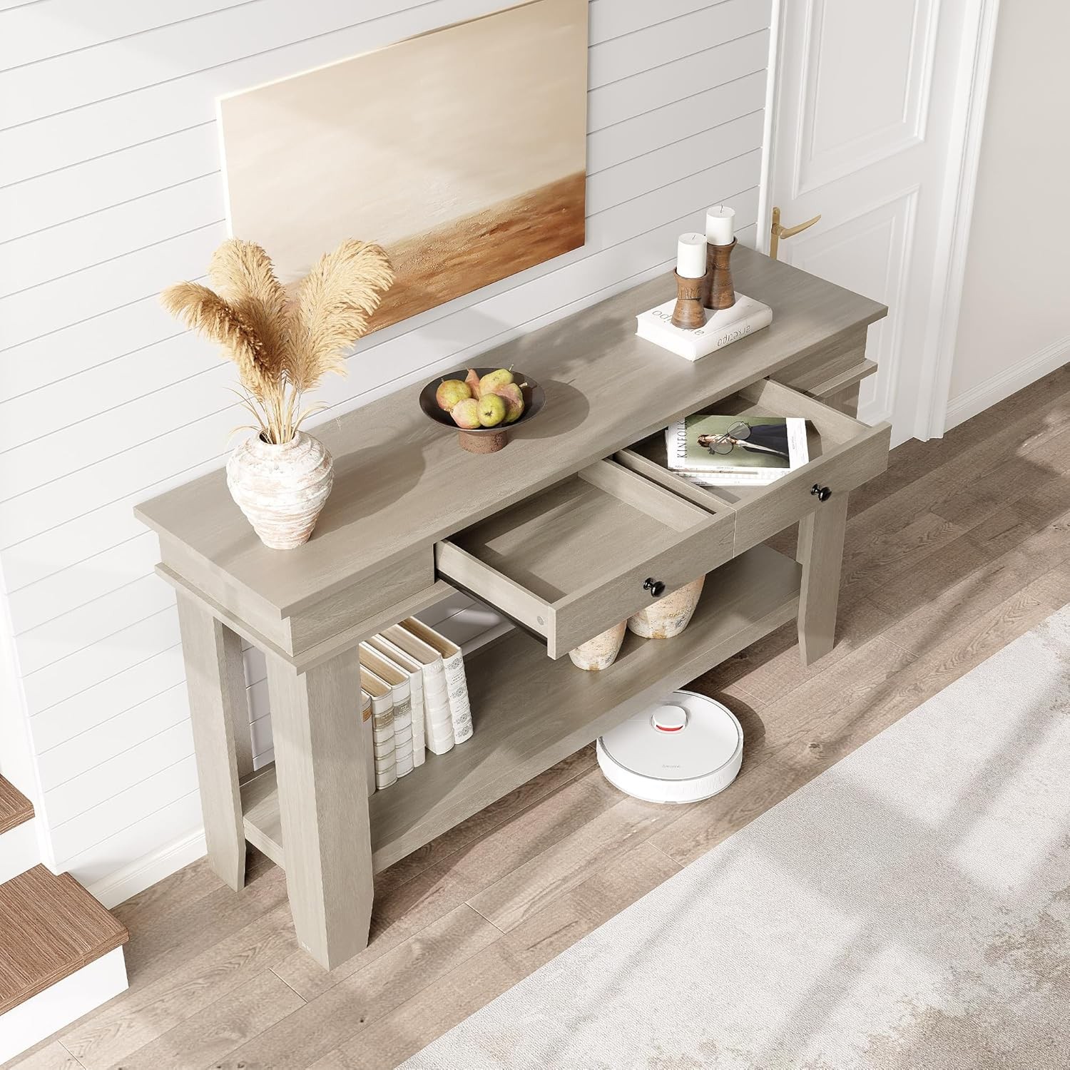 54″ Wooden Console Table, Entryway Table with Drawers & Open Storage Shelf