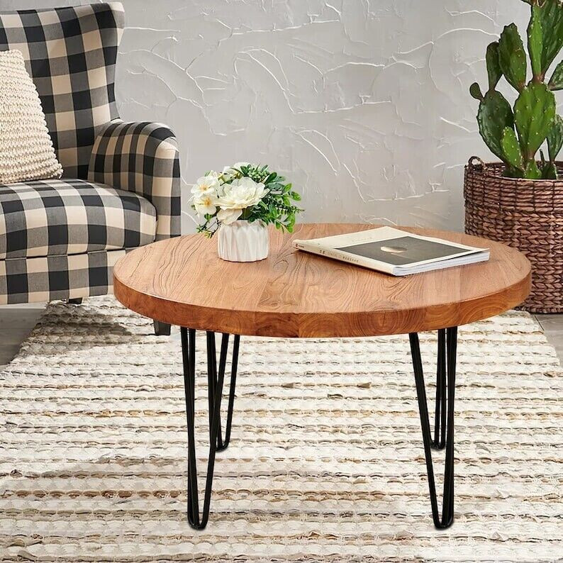 Wooden Coffee Table with Hairpin Legs, Rustic Farmhouse Round Old Elm Wood Side