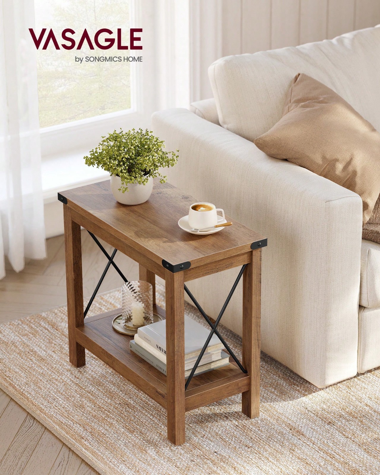 2 Tier Farmhouse End Table Side Table with Bottom Shelf Small Space Nightstand