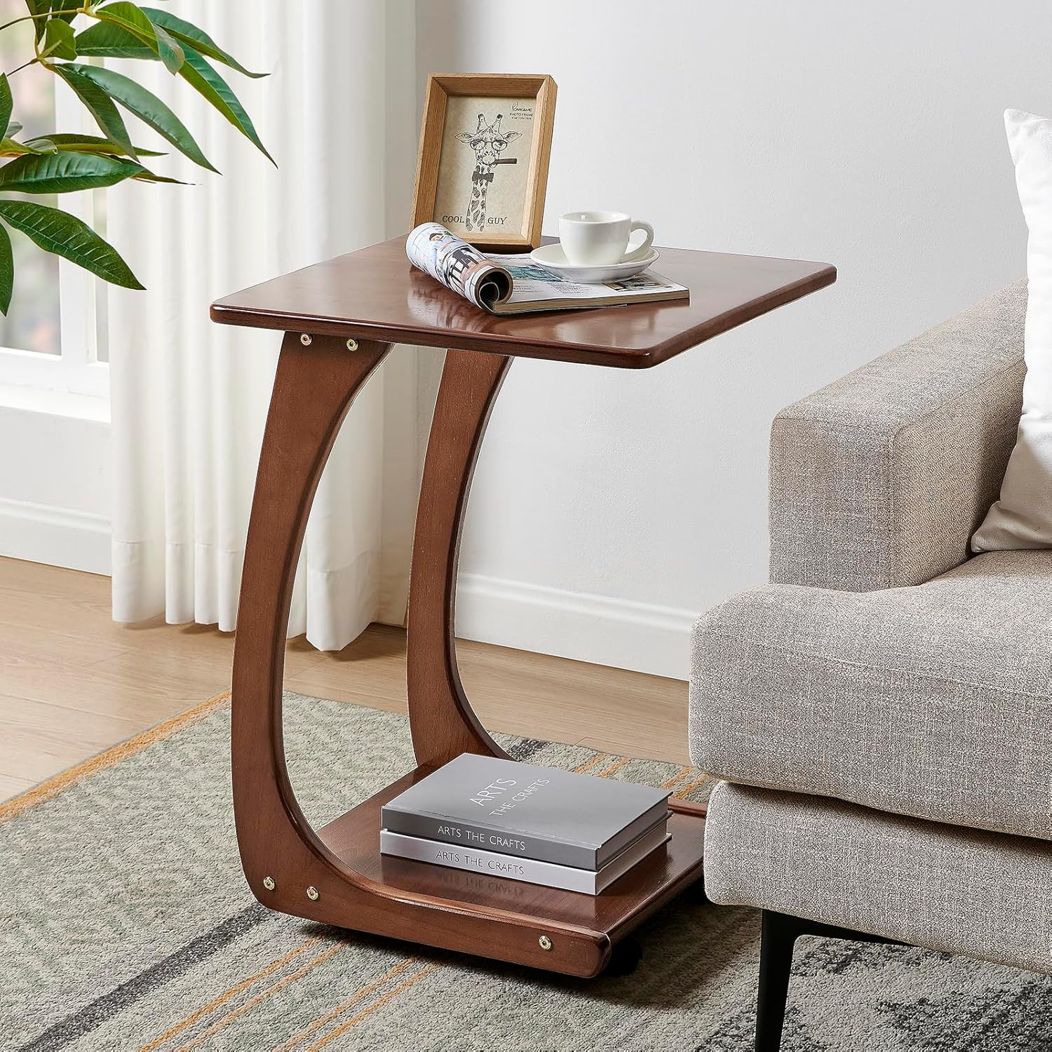 Walnut C Shaped End Table with Wheels – Versatile Side Table for Any Room