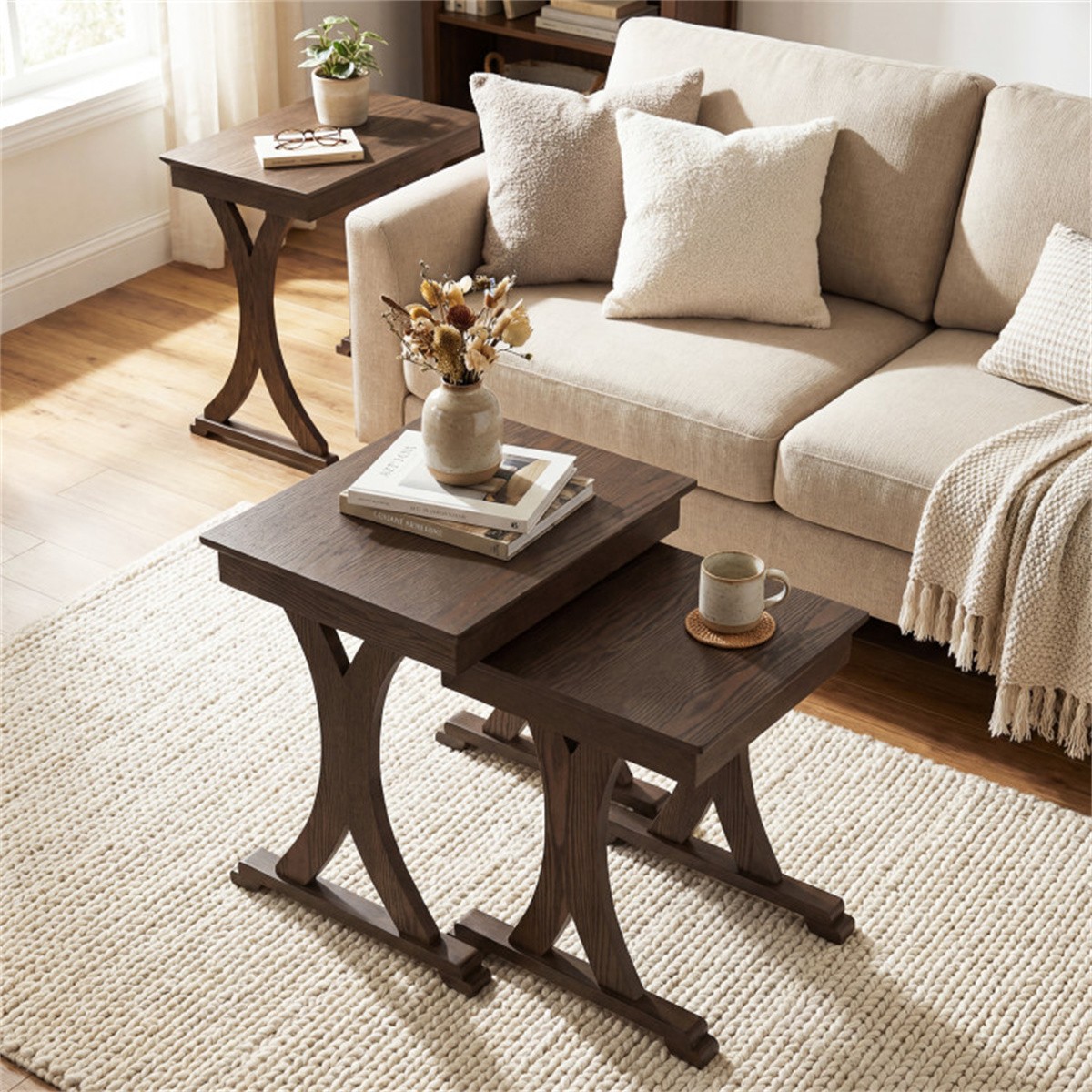 3Piece Nesting Coffee Table Set Space-Saving with Vintage Wood-Like Finish