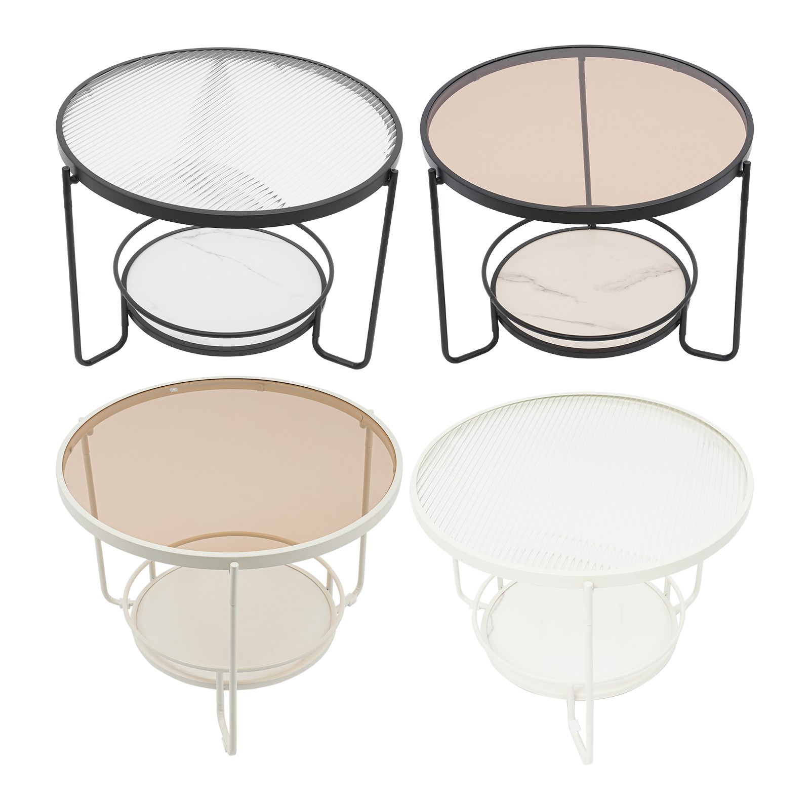 Modern Round 2-Tier Side Table – Black/White& Teal/Clear, Tempered Glass 60/40cm