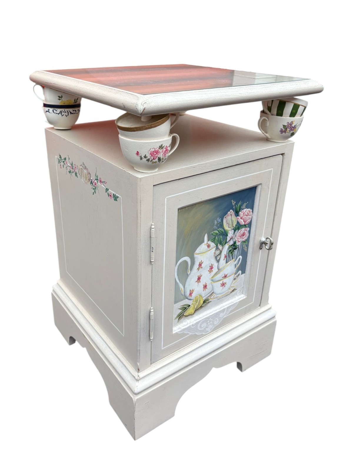Charming Hand-Painted White Side Table with Teacup Accents
