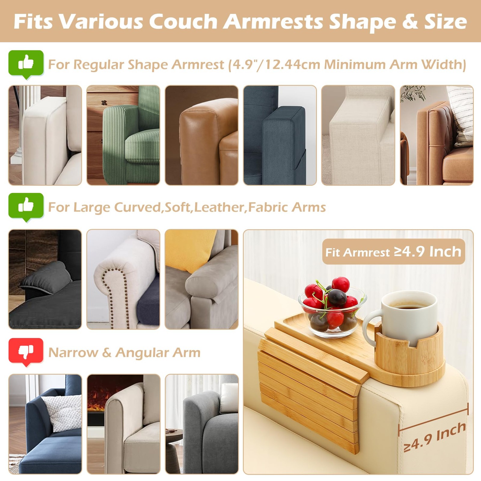 Couch Cup Holder Tray, 15.75″ Bamboo Cup Holder for Couch, 3 in 1 Foldable Ar…
